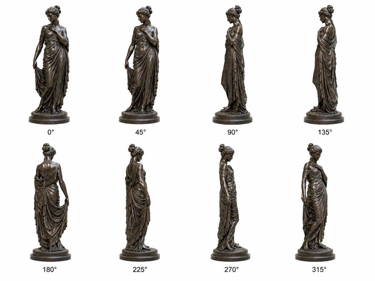 360 degree views of Graceful Reverie bronze classical standing woman sculpture shown from eight different angles