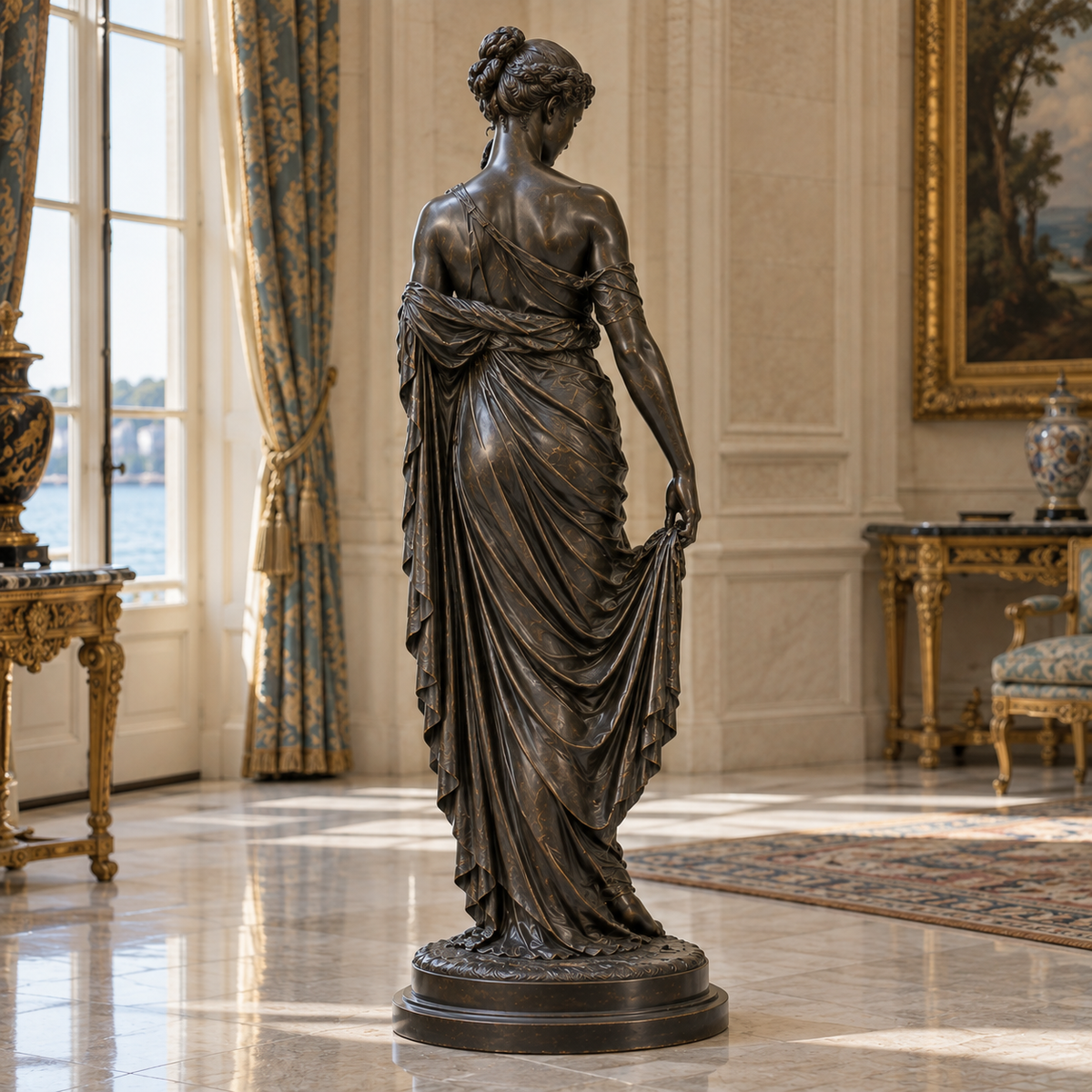 Graceful Reverie Bronze Classical Standing Woman Sculpture — classical salon viewed from behind.