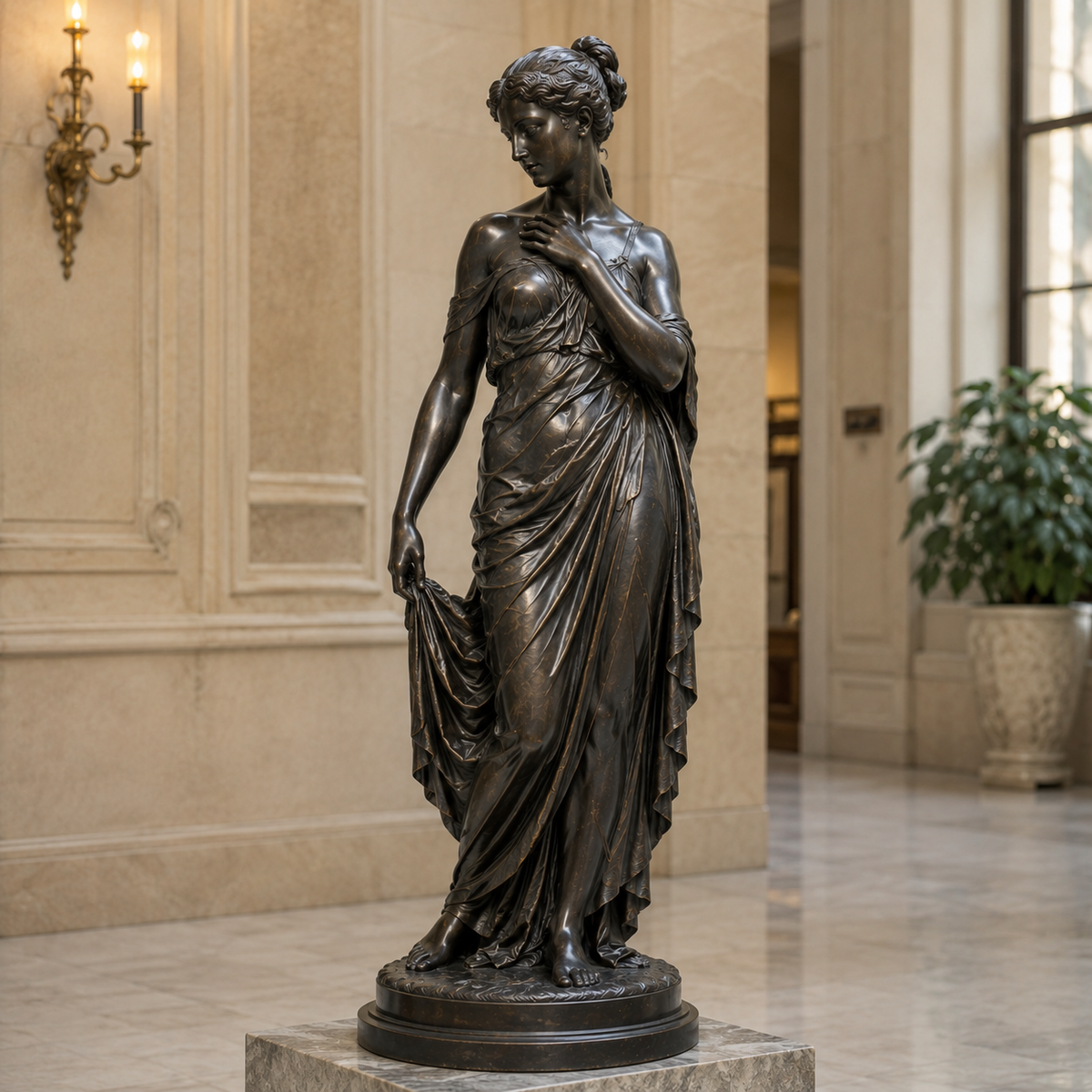 Graceful Reverie bronze classical standing woman sculpture displayed in an elegant commercial interior