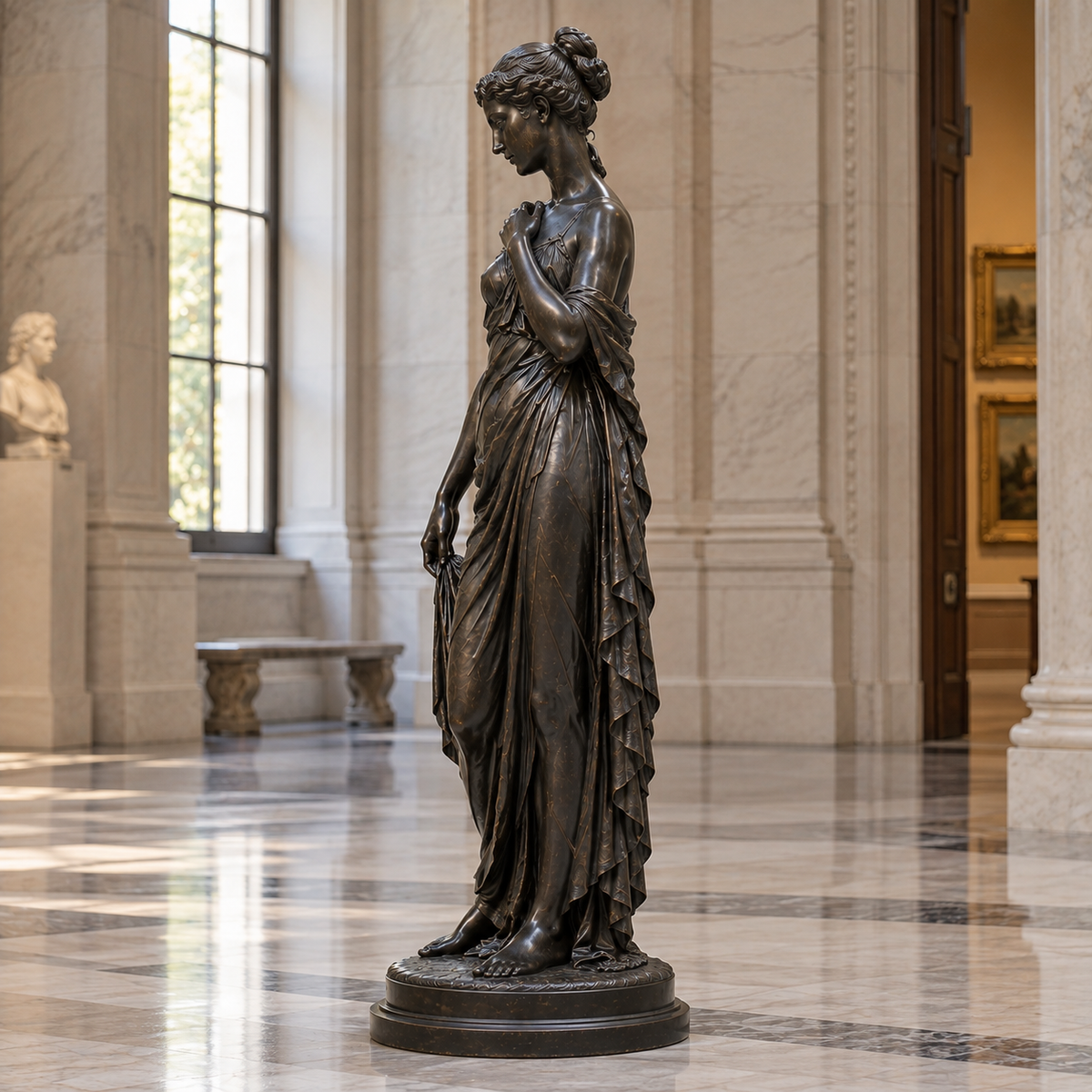 Graceful Reverie Bronze Classical Standing Woman Sculpture — marble gallery hall.