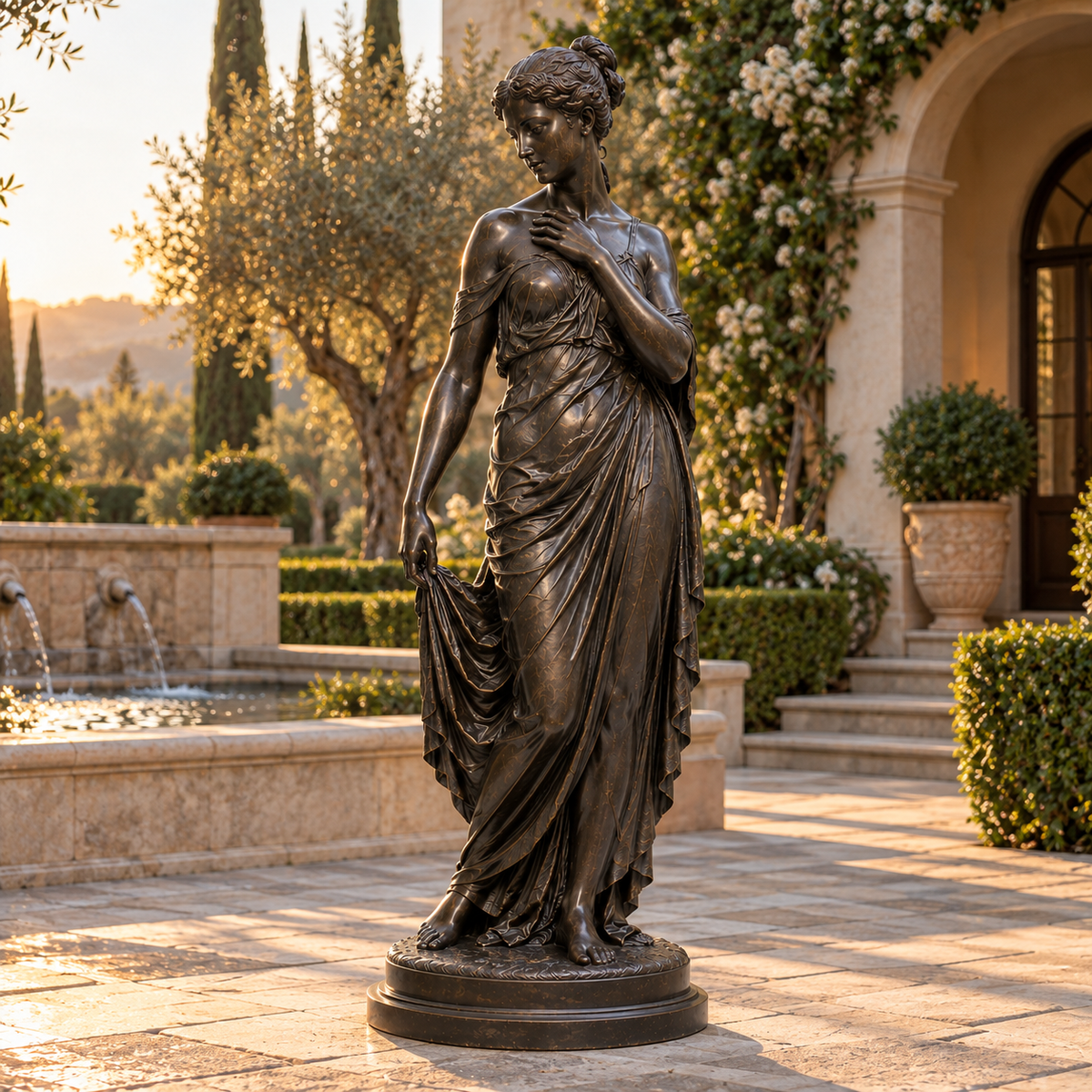 Graceful Reverie Bronze Classical Standing Woman Sculpture — villa fountain courtyard at sunset.