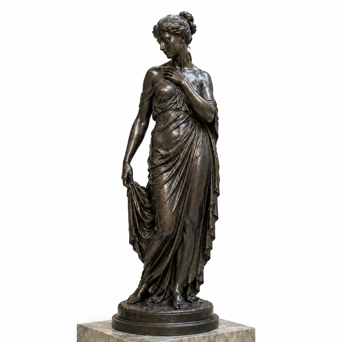 Graceful Reverie bronze classical standing woman sculpture on a white background