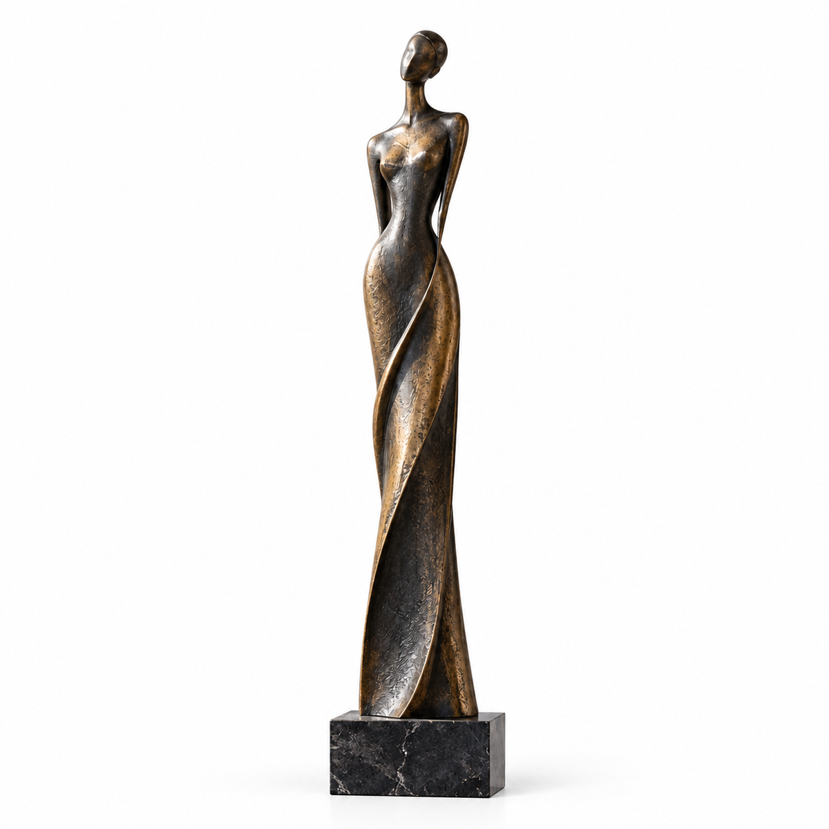Graceful Silhouette tall bronze abstract female figure sculpture with an elongated body and flowing gown form on a black stone base against a white background.