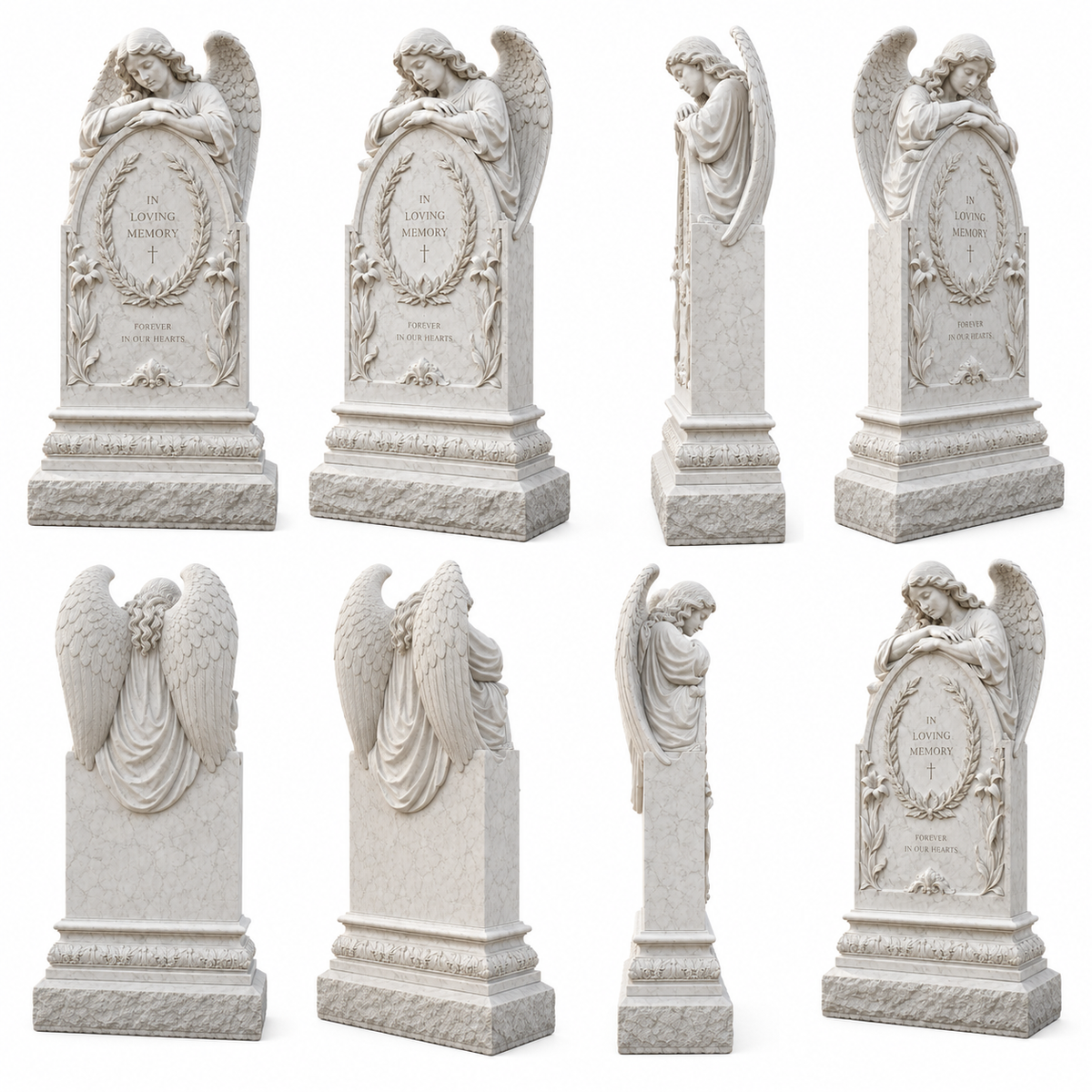 360 degree views of Guardian of Memory white marble angel memorial headstone shown from eight different angles