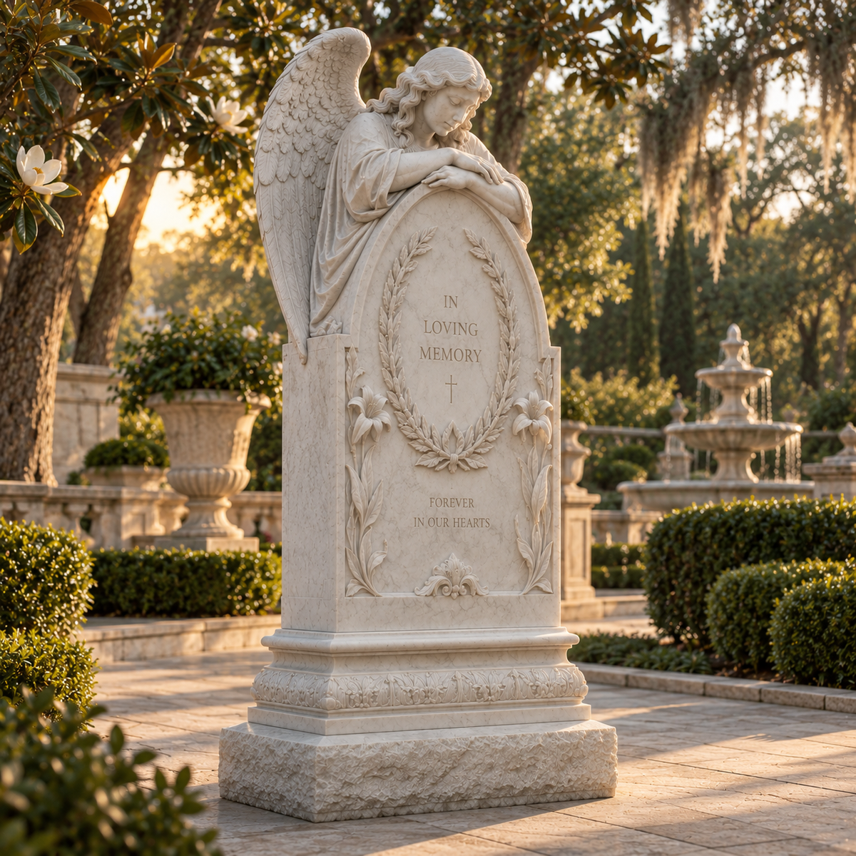 Guardian of Memory White Marble Angel Memorial Headstone — formal garden with a fountain.