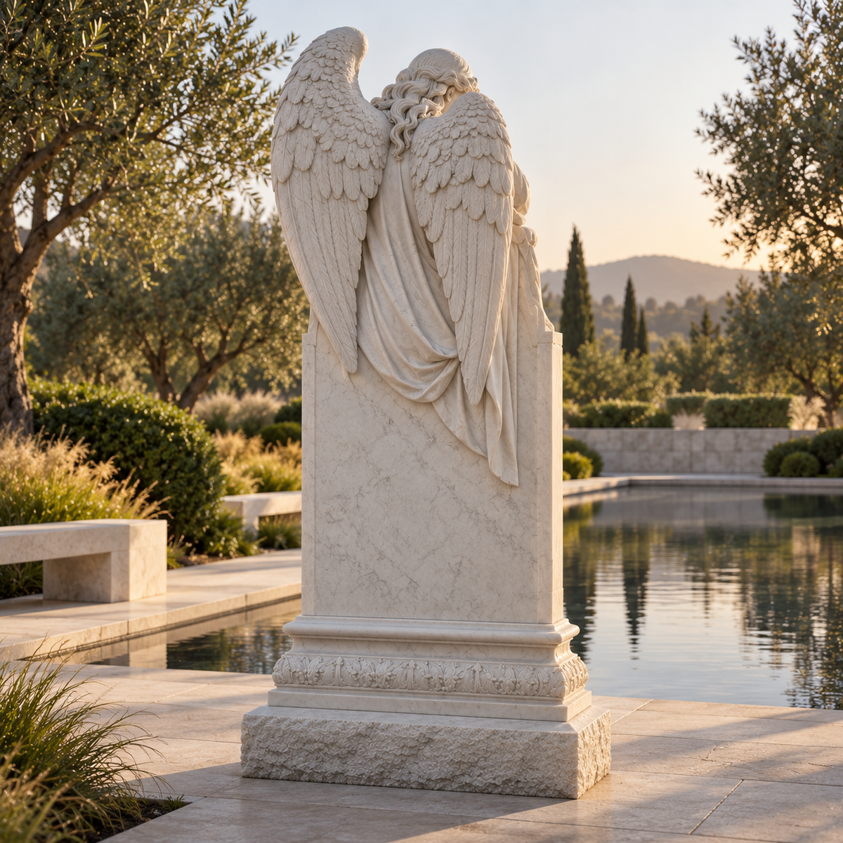 Guardian of Memory White Marble Angel Memorial Headstone — reflecting pool garden viewed from behind.