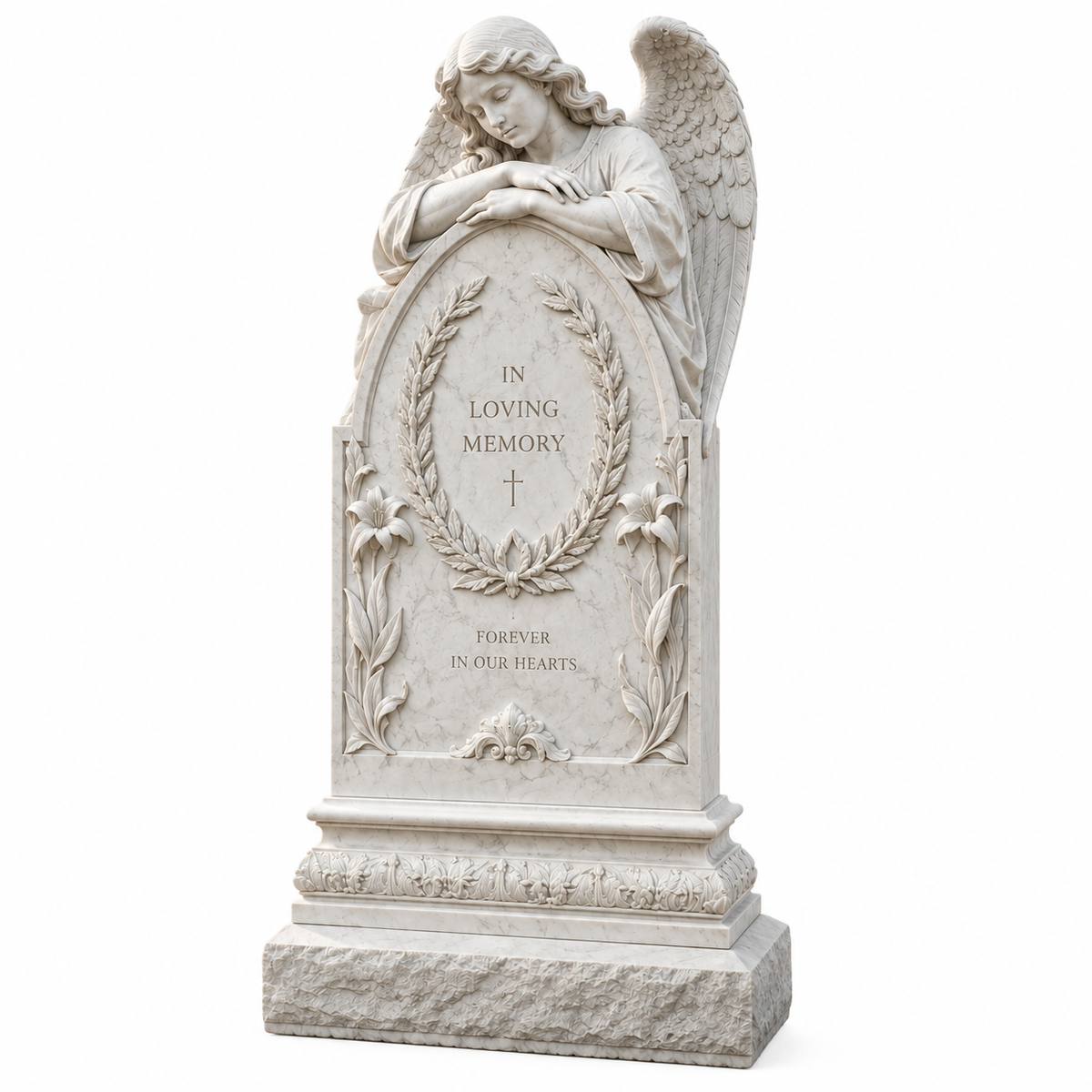 Guardian of Memory white marble angel memorial headstone on a white background featuring a sculpted angel leaning over the memorial
