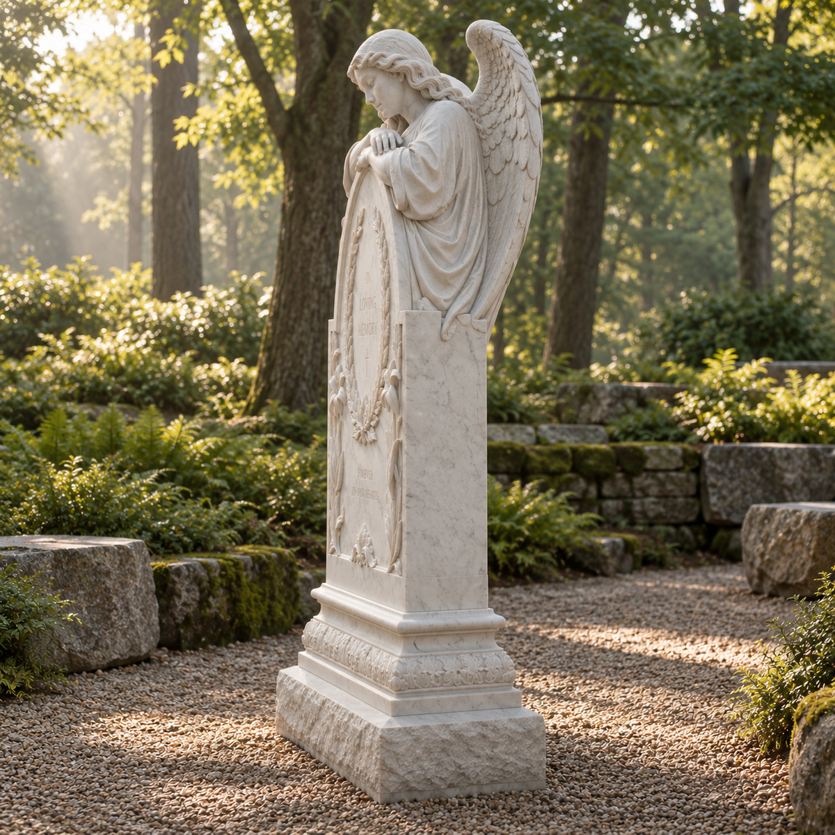 Guardian of Memory White Marble Angel Memorial Headstone — woodland memorial garden viewed from the side.