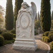 Guardian of Memory white marble angel memorial headstone displayed in a classical cemetery setting