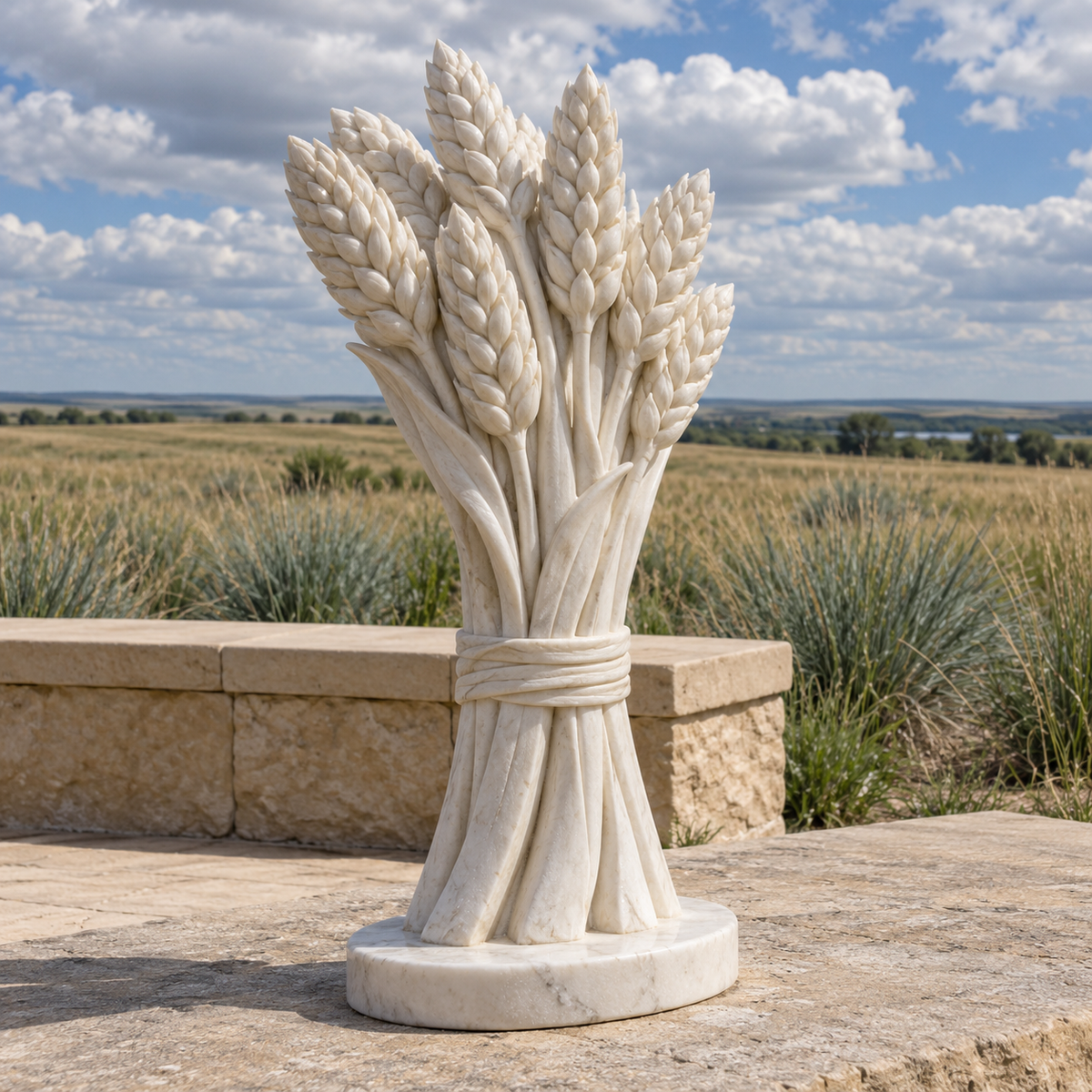 Harvest of Memory, white marble wheat sheaf memorial sculpture in a natural-light setting.