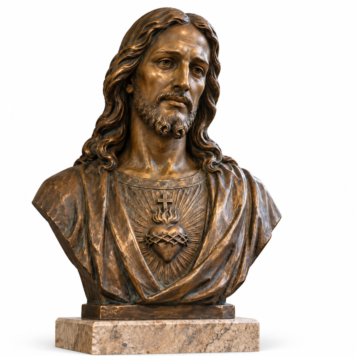 Dark bronze Jesus Christ bust sculpture with Sacred Heart relief on a white background