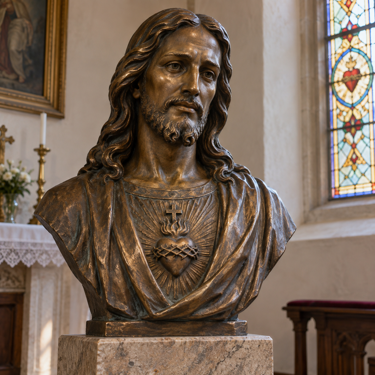 Heart of Mercy dark bronze Sacred Heart Jesus bust sculpture displayed inside a devotional chapel