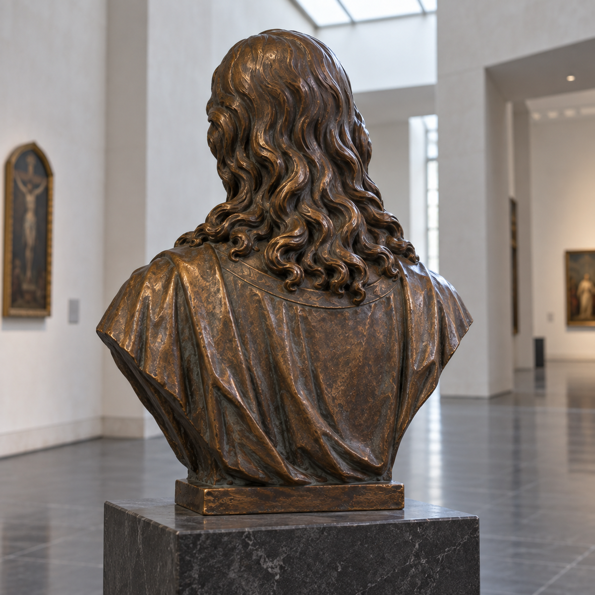 Heart of Mercy Dark Bronze Sacred Heart Jesus Bust Sculpture — modern chapel gallery viewed from behind.