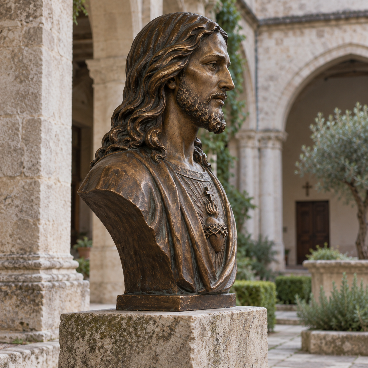 Heart of Mercy Dark Bronze Sacred Heart Jesus Bust Sculpture — stone cloister viewed from the side.