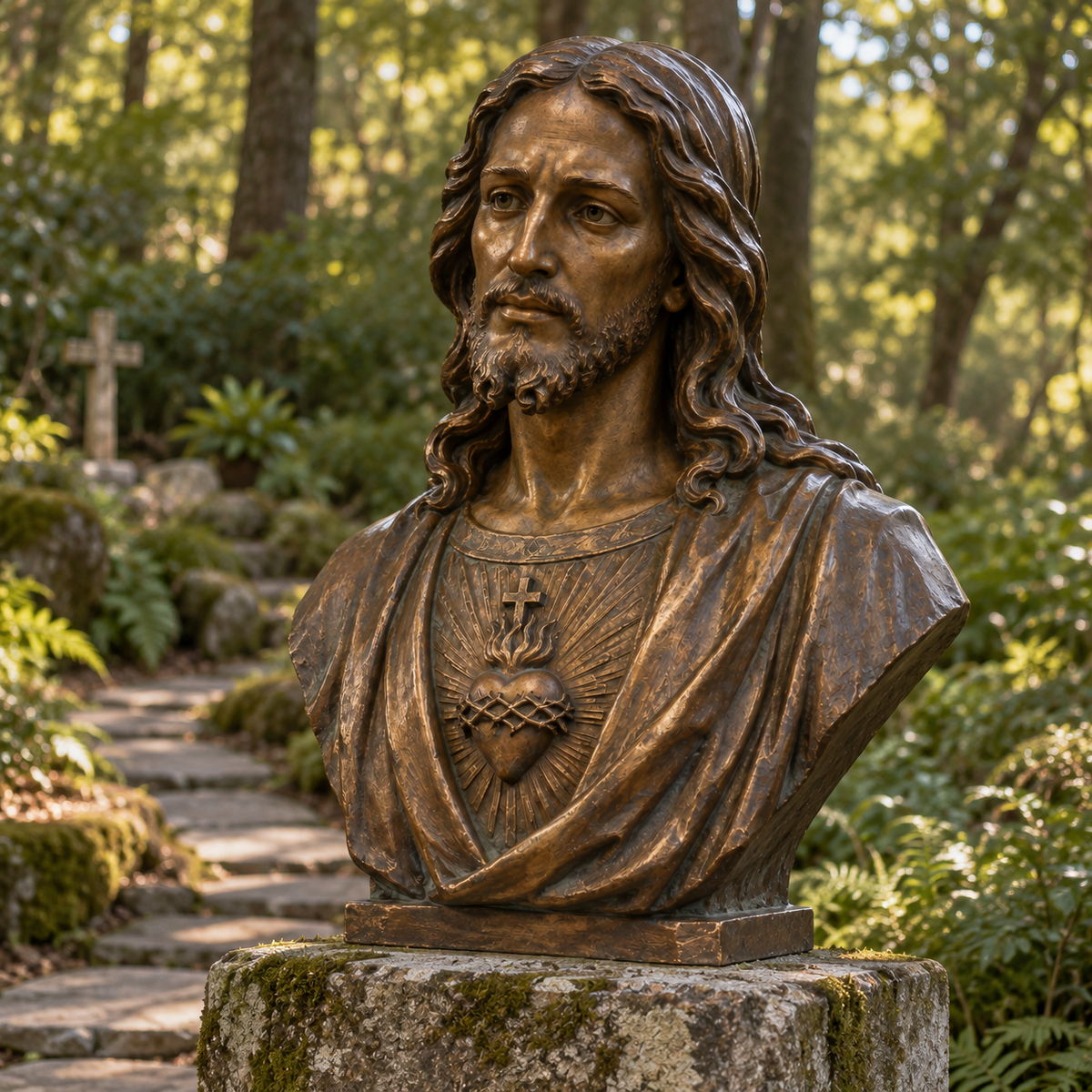 Heart of Mercy Dark Bronze Sacred Heart Jesus Bust Sculpture — woodland devotional garden.