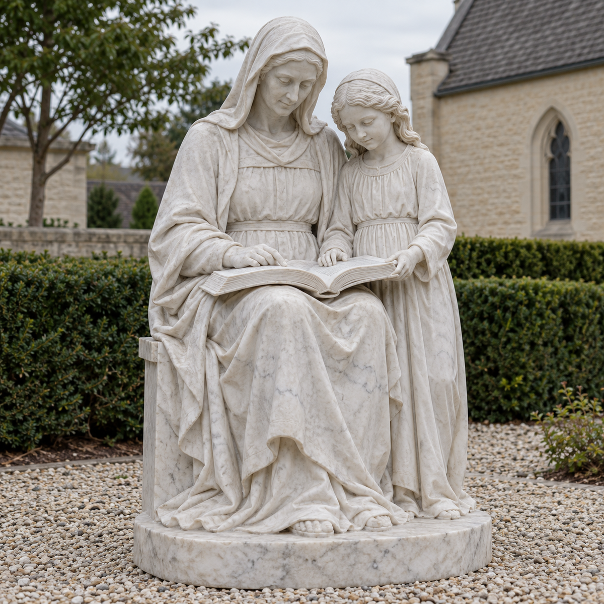 Hearth of Wisdom white marble saint anne teaching young mary sculpture photographed in natural light.