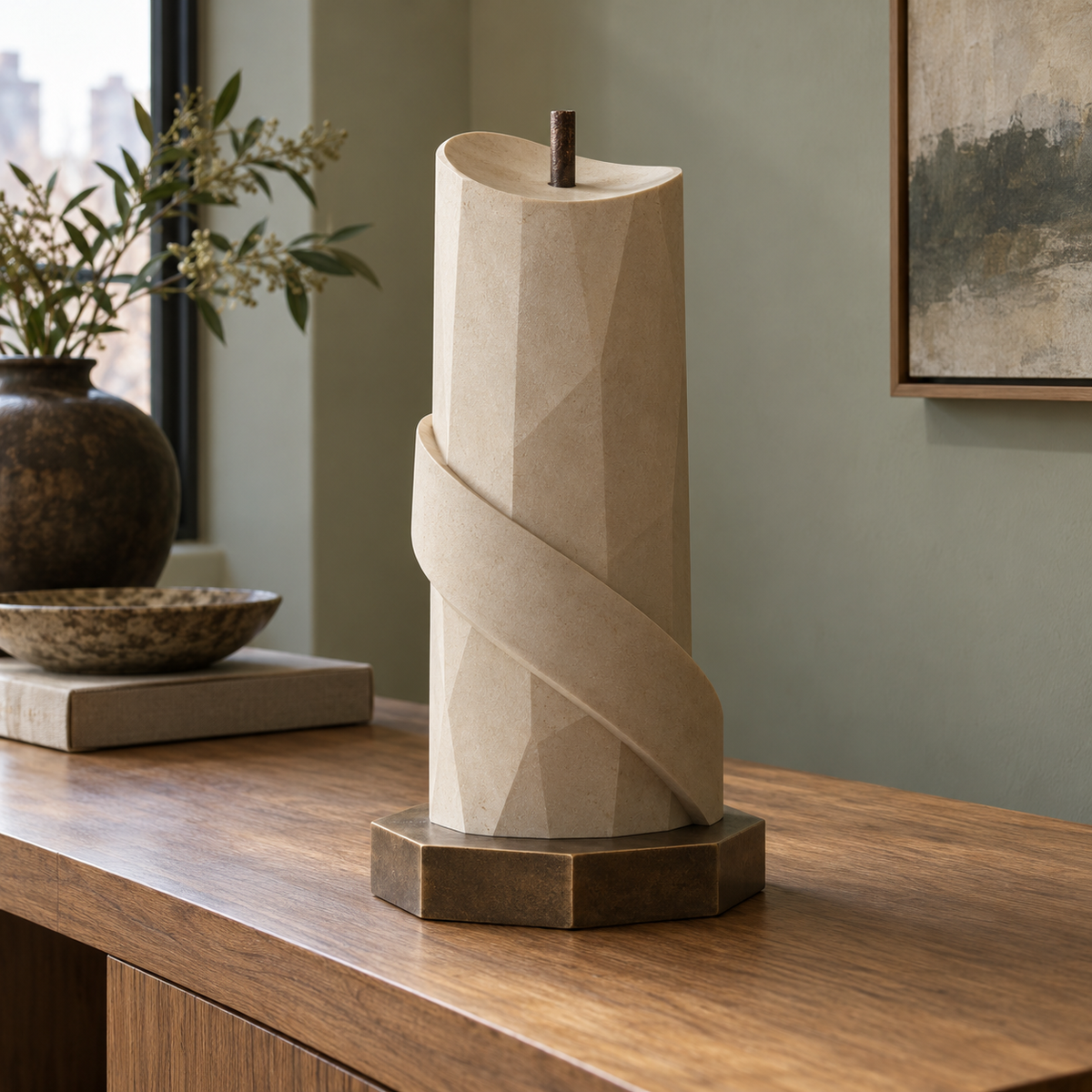 Held in Stillness Sand Fiberglass Geometric Remembrance Candle sculpture in an architectural setting