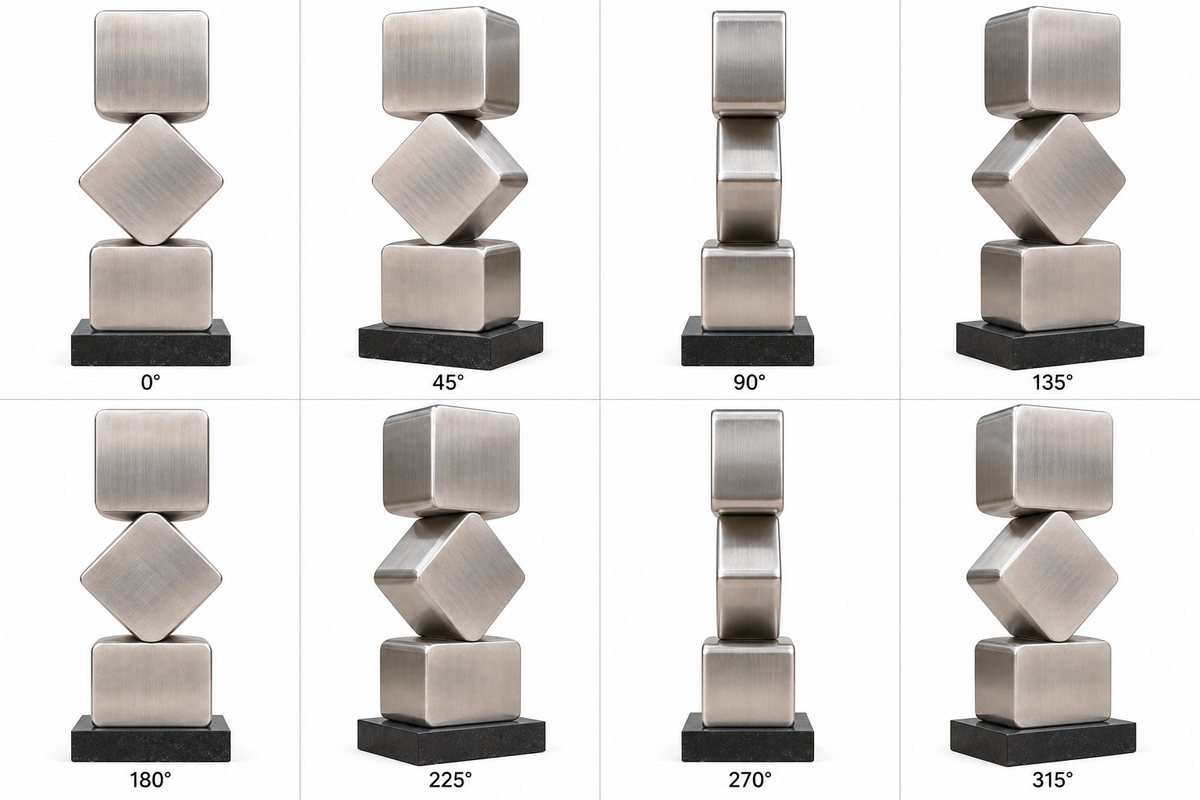 Horizon Cairn, brushed stainless steel stacked square totem sculpture, eight-angle display on pure white background
