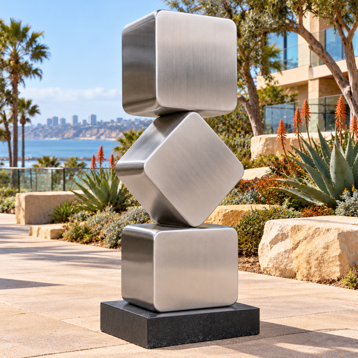 Horizon Cairn, brushed stainless steel stacked square totem sculpture, front oblique view in San Diego pedestrian walk sandstone coral aloe low glass