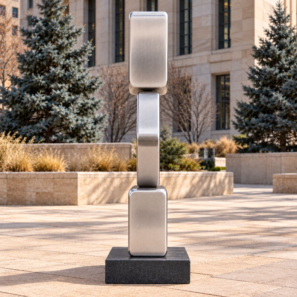 Horizon Cairn, brushed stainless steel stacked square totem sculpture, side view in Denver civic plaza buff pavers blue spruce cream stone