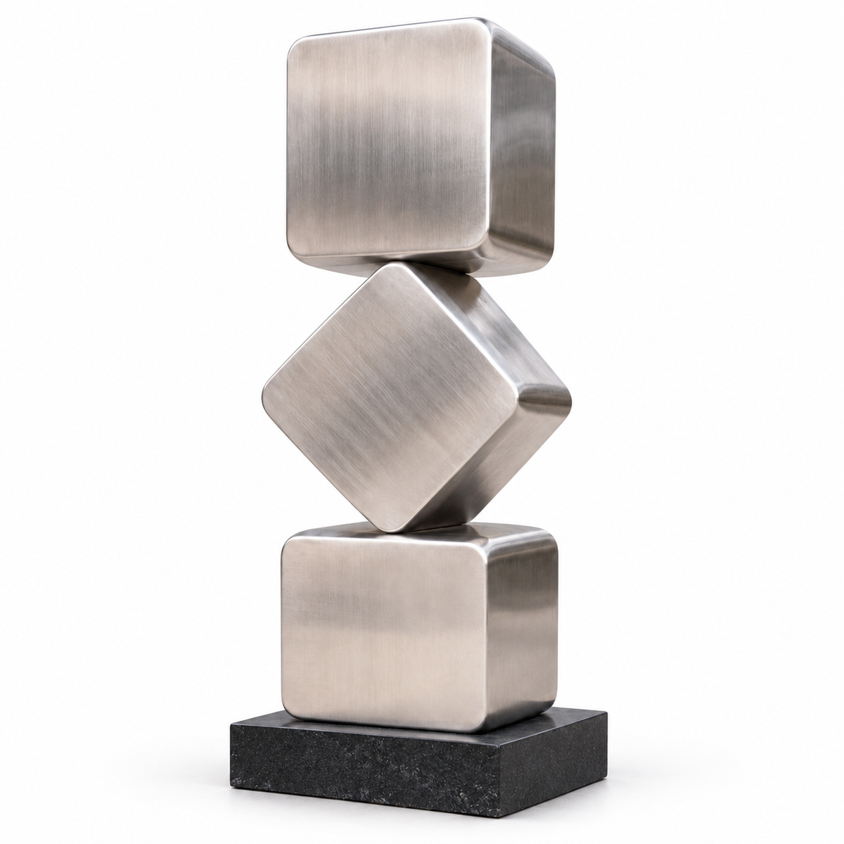 Horizon Cairn, brushed stainless steel stacked square totem sculpture, isolated on pure white background