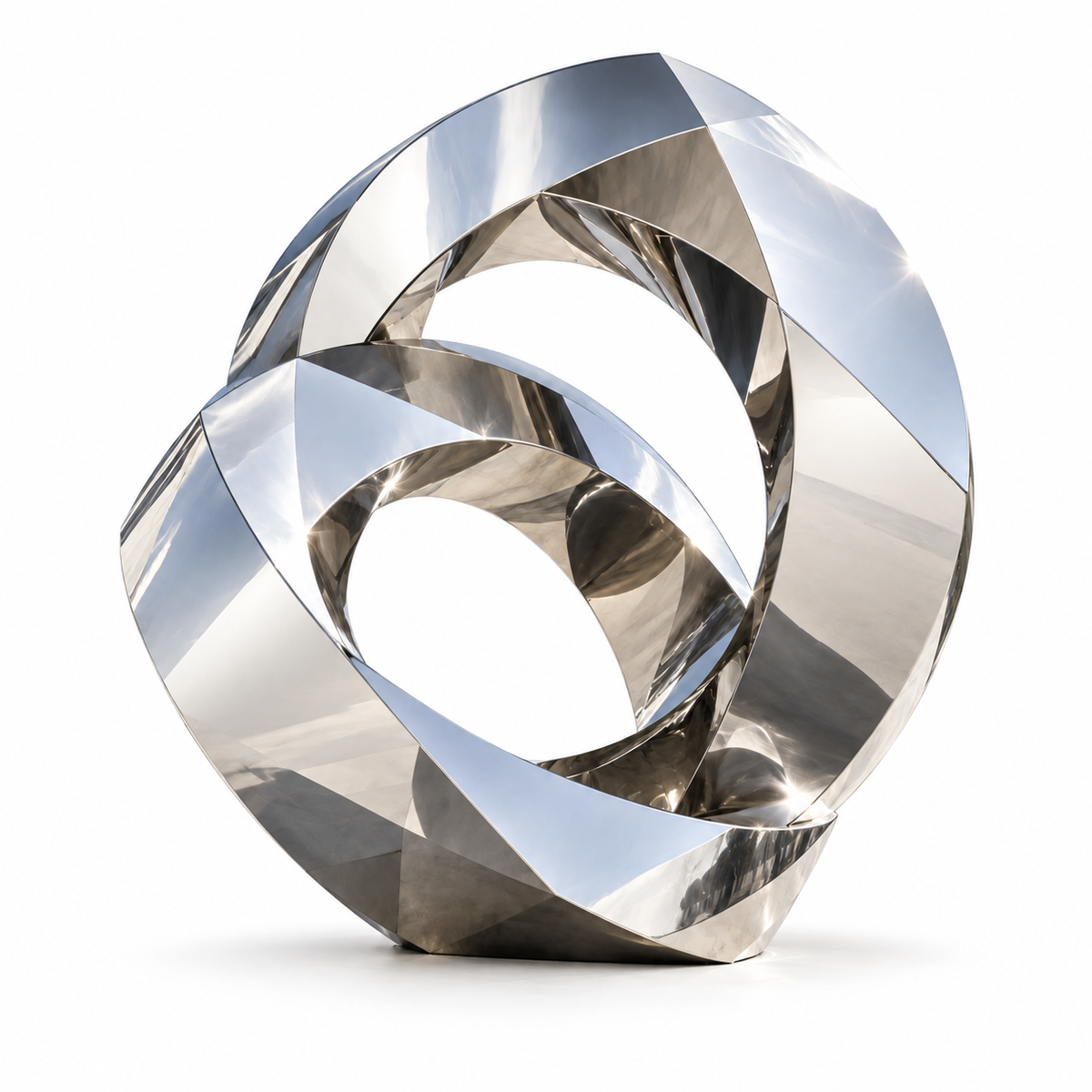 Mirror polished stainless steel abstract sculpture with interlocking geometric rings on a white background
