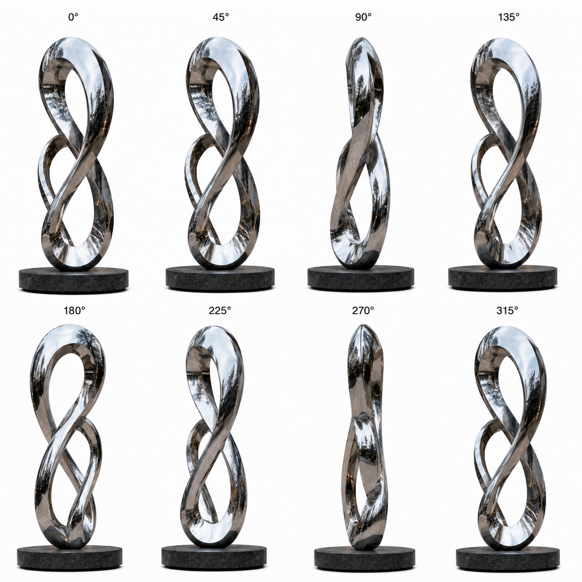 360 degree views of Infinite Connection large mirror stainless steel infinity loop sculpture shown from eight different angles