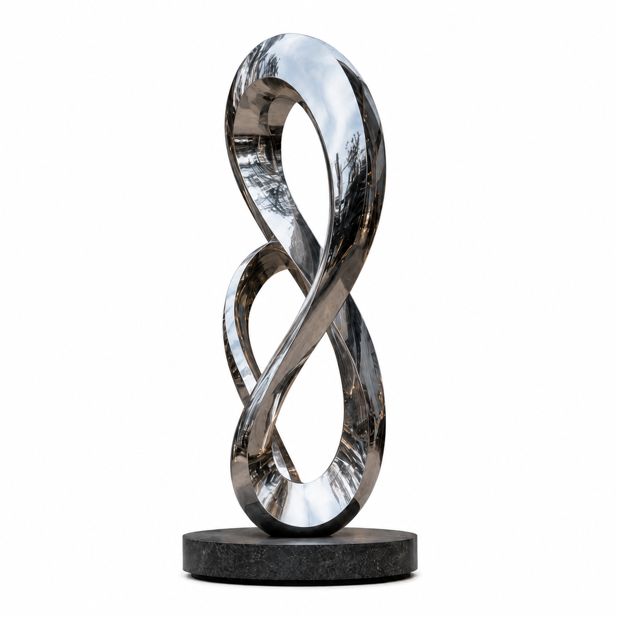 Infinite Connection large mirror stainless steel infinity loop sculpture on a white background with a polished reflective finish