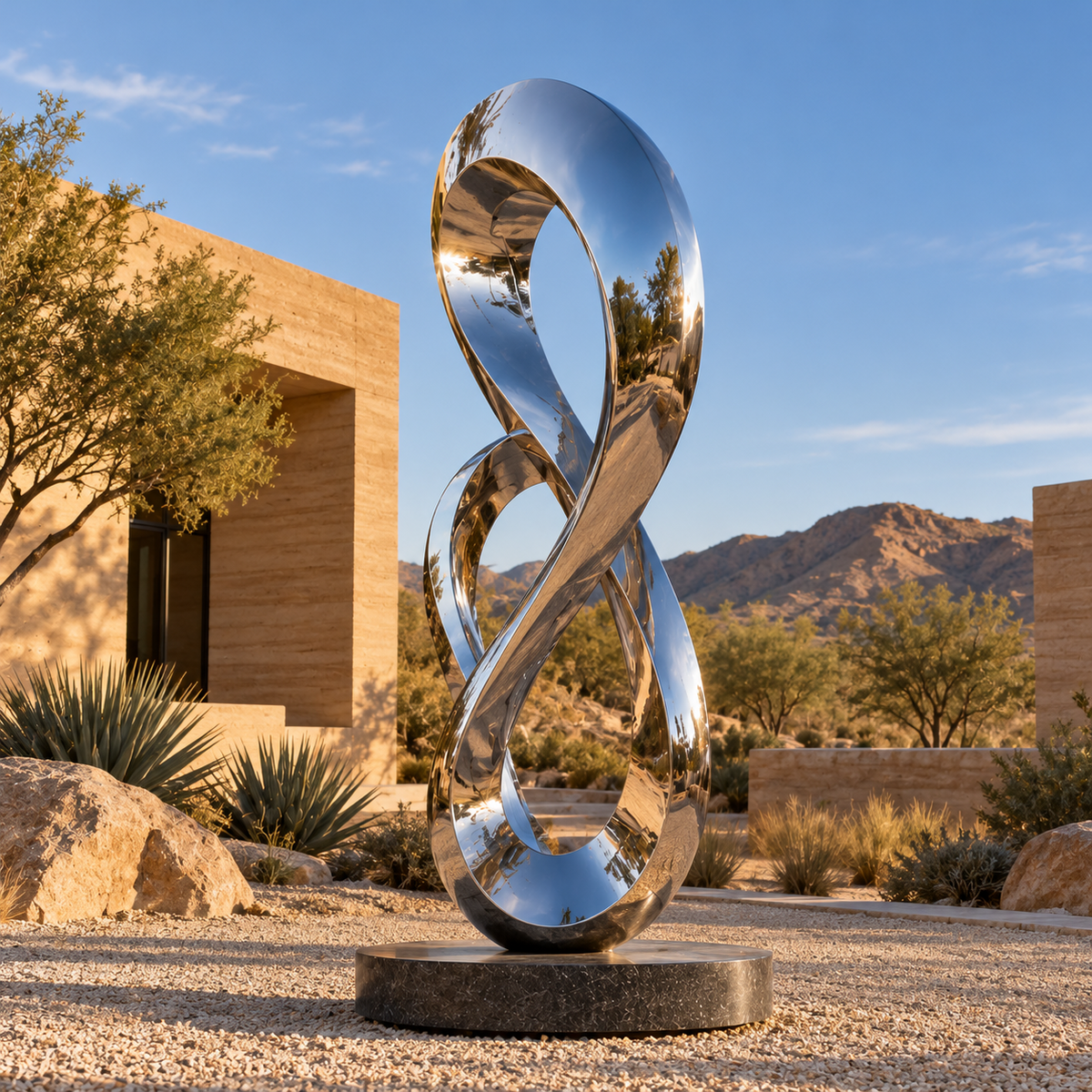 Infinite Connection mirror stainless steel infinity loop sculpture in a sunlit desert courtyard with agave plants and mountain views.