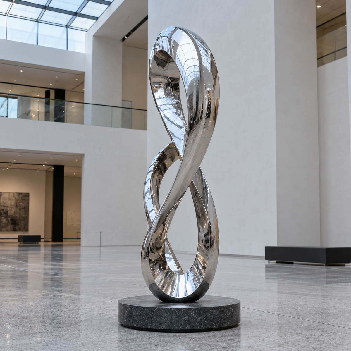 Infinite Connection mirror stainless steel infinity loop sculpture on a round dark stone pedestal in a skylit gallery atrium.