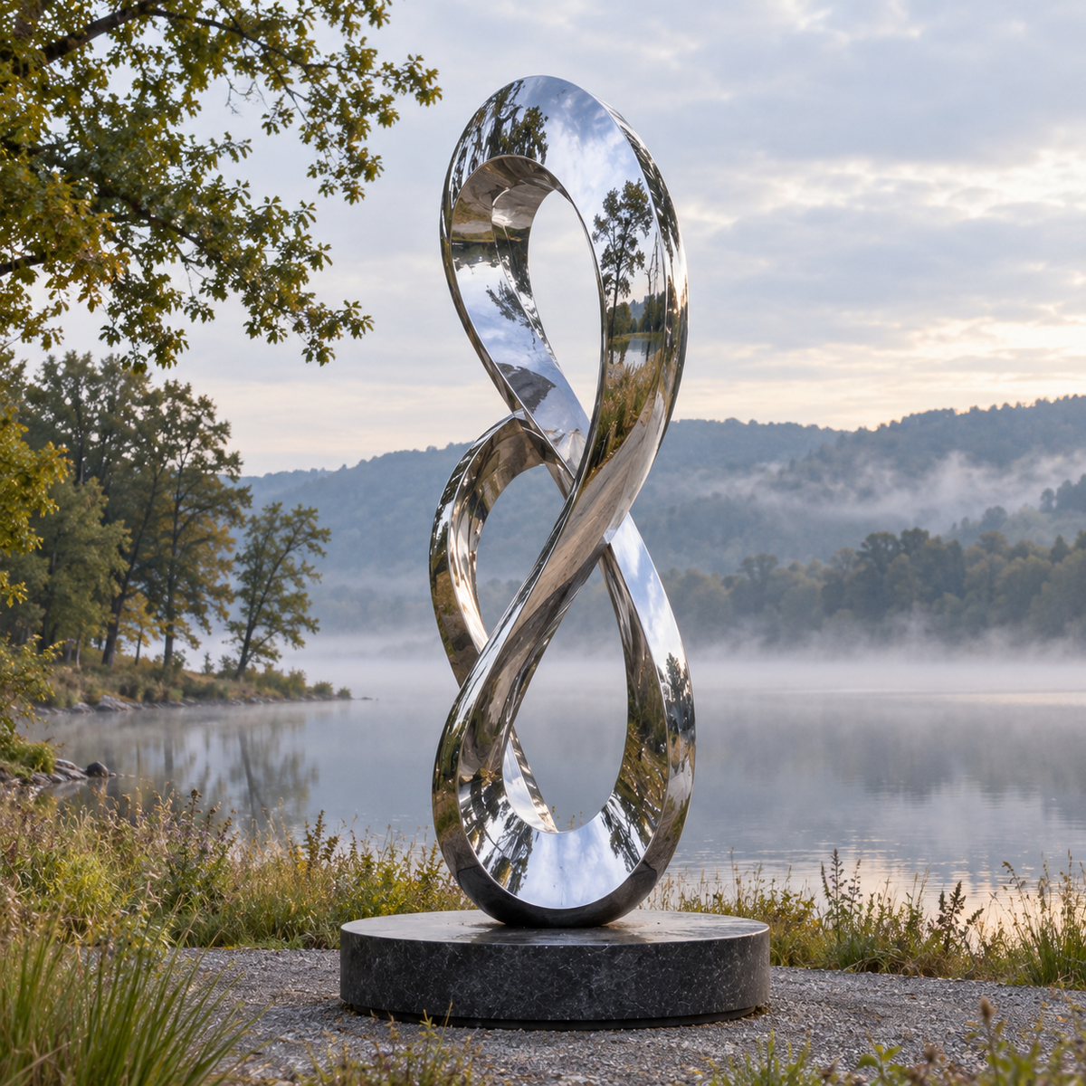 Infinite Connection mirror stainless steel infinity loop sculpture beside a misty lake, framed by trees and wild grasses.