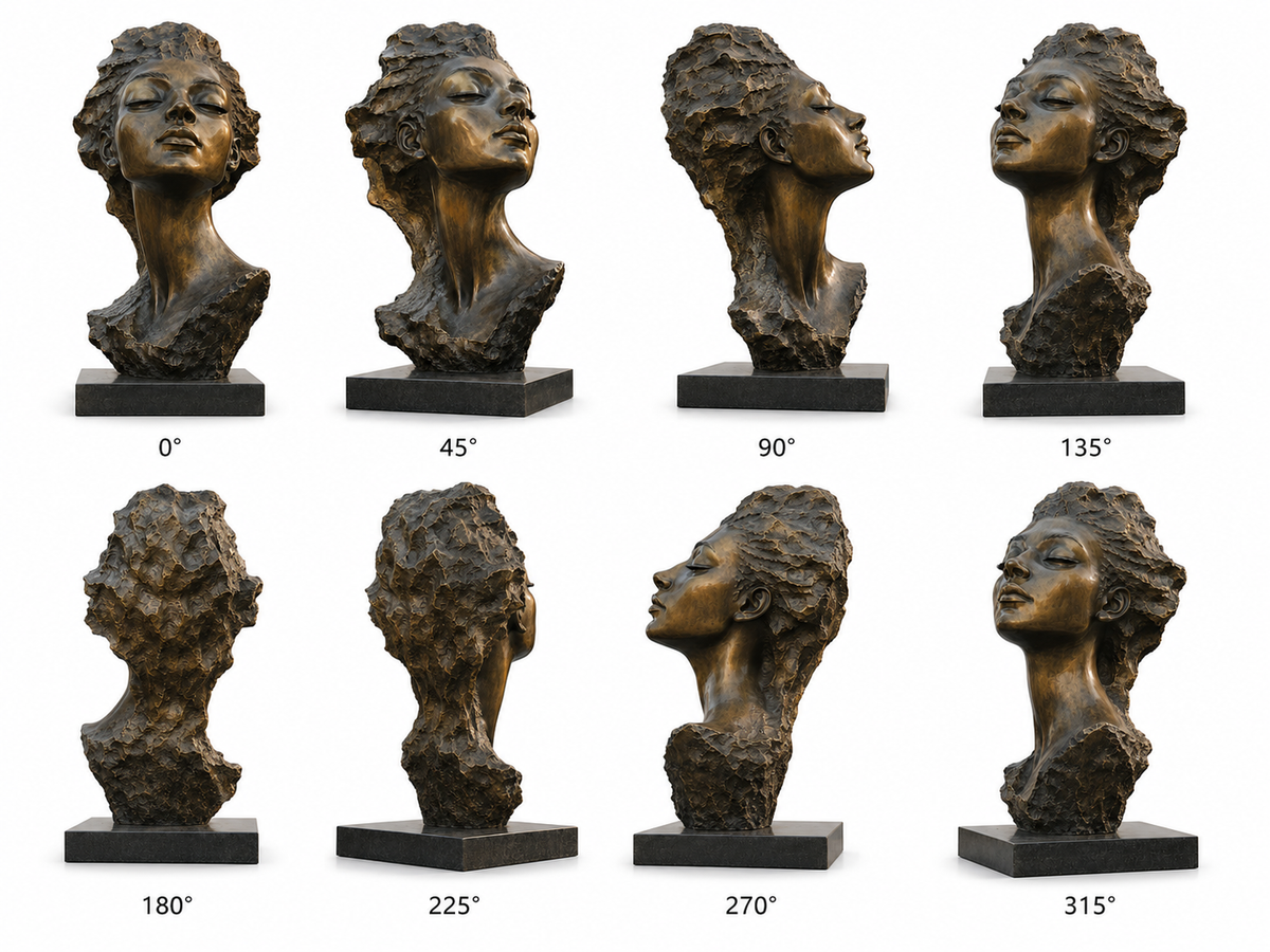 360 degree views of Inner Serenity bronze female portrait bust sculpture shown from eight different angles