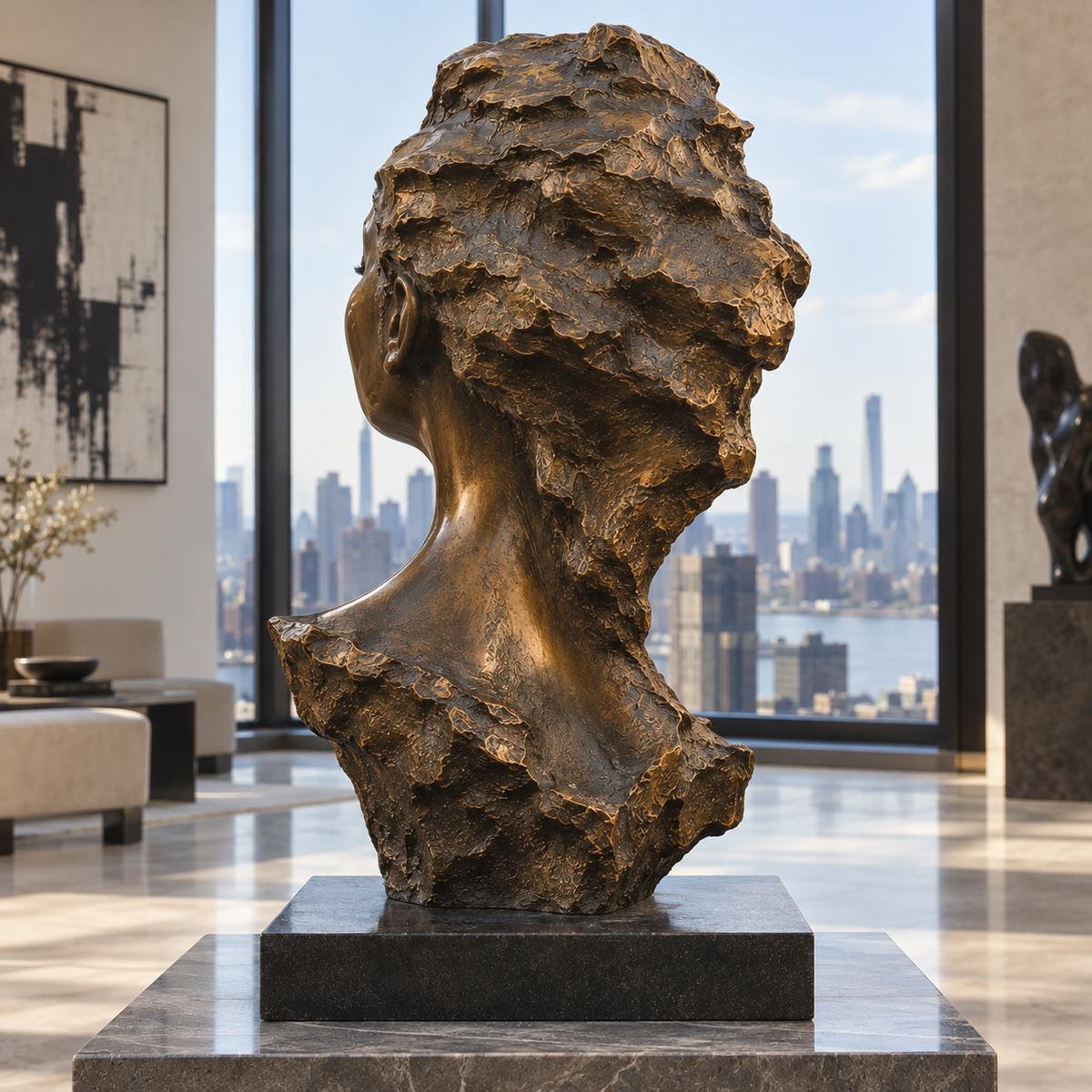 Inner Serenity Bronze Female Portrait Bust Sculpture — city-view lounge viewed from behind.