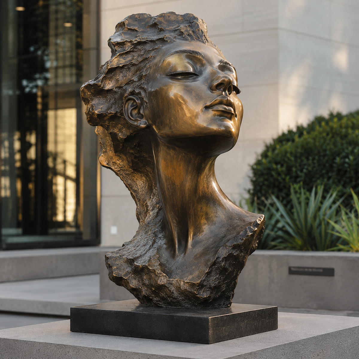 Inner Serenity bronze female portrait bust sculpture displayed in a refined commercial space with contemporary architectural surroundings