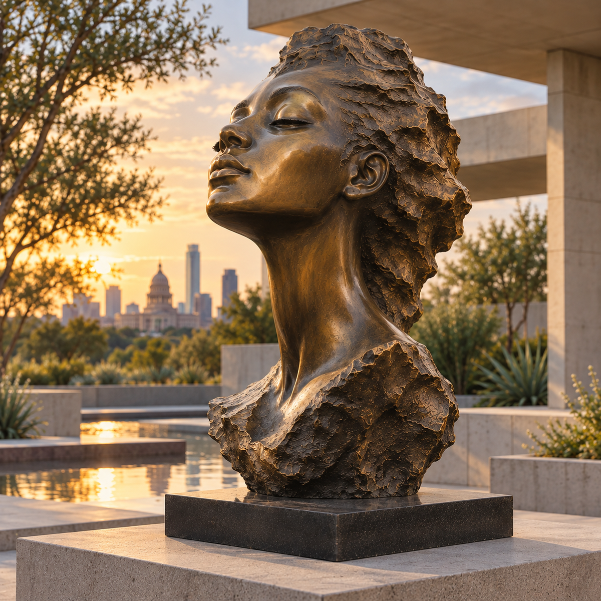 Inner Serenity Bronze Female Portrait Bust Sculpture — modern courtyard at sunset.