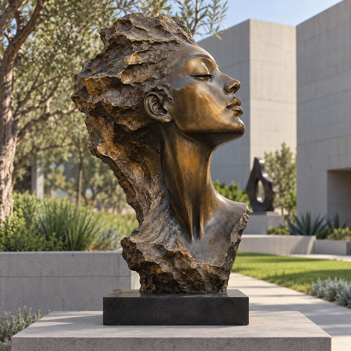 Inner Serenity Bronze Female Portrait Bust Sculpture — museum sculpture garden viewed from the side.
