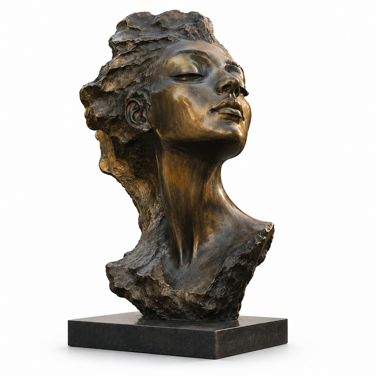 Inner Serenity bronze female portrait bust sculpture on a white background featuring a contemporary female form with expressive bronze texture