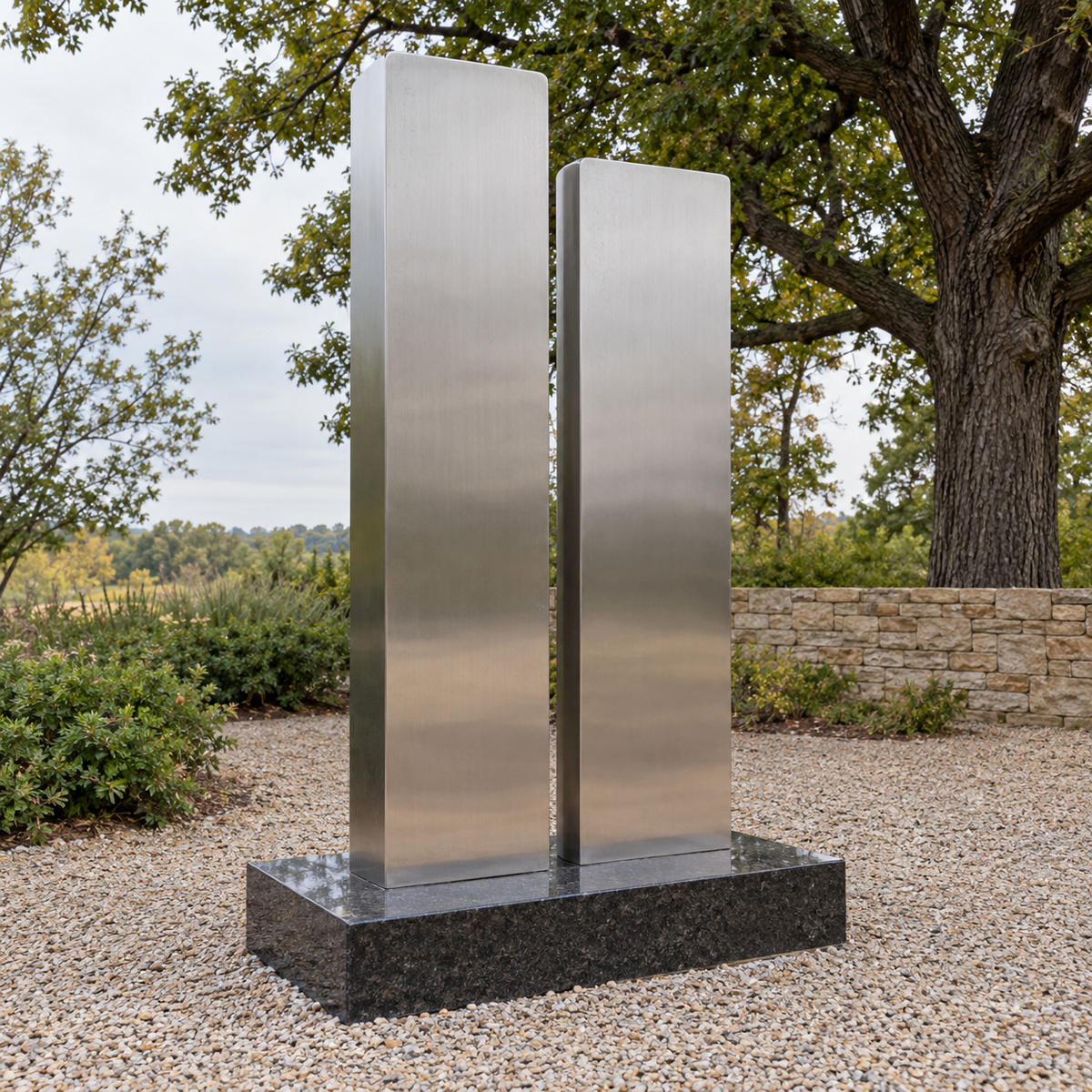 Interval of Light brushed stainless steel minimalist memorial sculpture photographed in natural light.