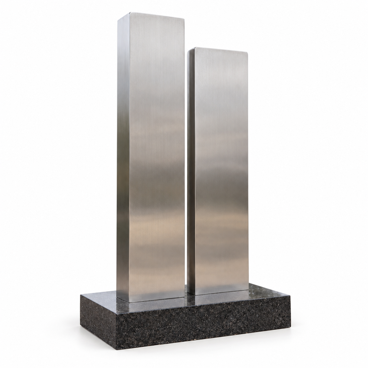 Interval of Light brushed stainless steel minimalist memorial sculpture on a pure white background with its base and natural contact shadow.
