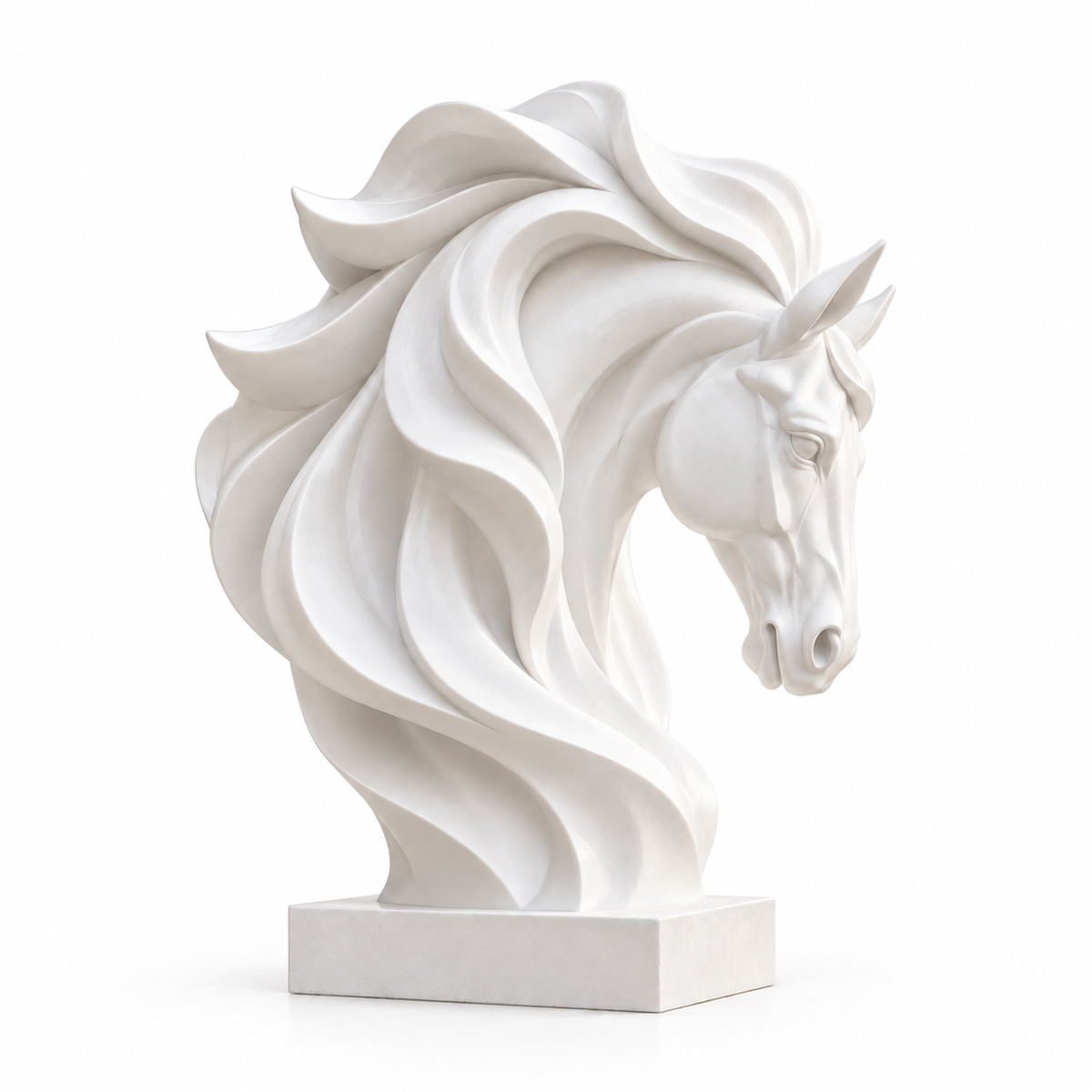 White fiberglass horse bust sculpture with dramatic flowing mane on a white background