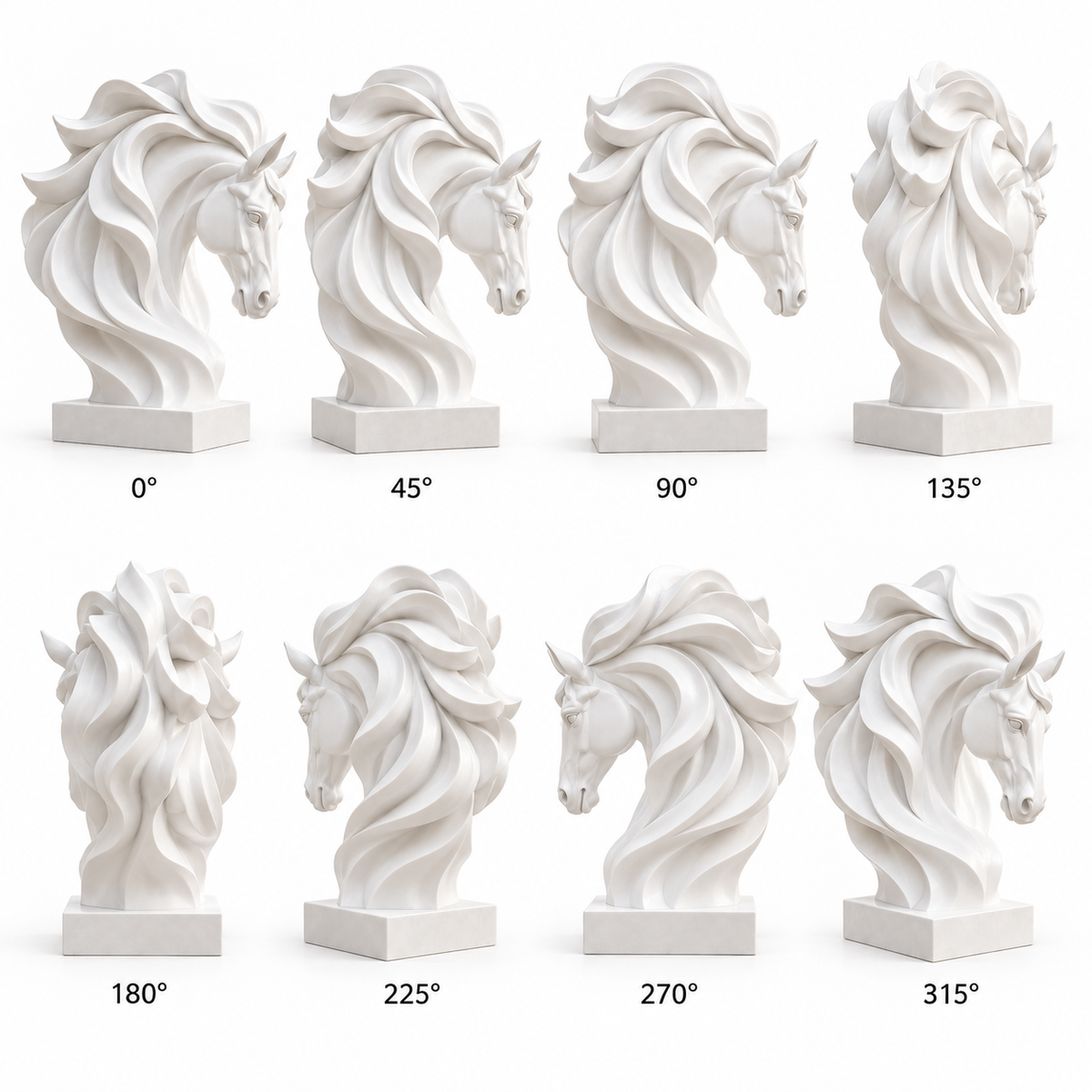 360-degree views of Ivory Tempest white fiberglass horse bust sculpture with flowing mane