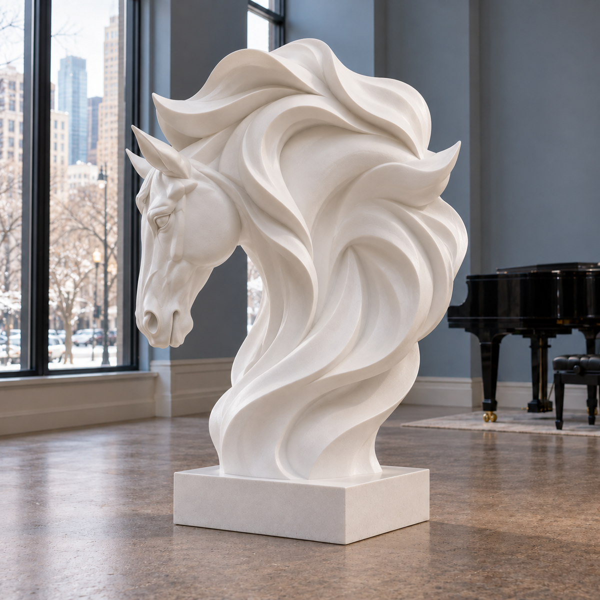 Ivory Tempest White Fiberglass Flowing Mane Horse Bust Sculpture — city-view music room.