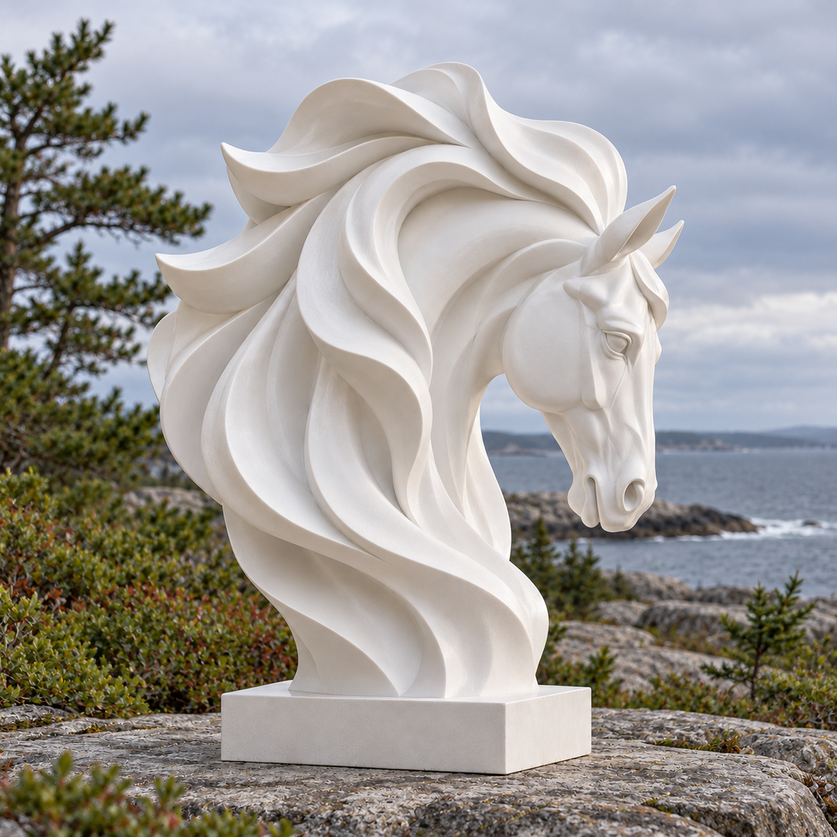 Ivory Tempest White Fiberglass Flowing Mane Horse Bust Sculpture — rocky coastal garden.