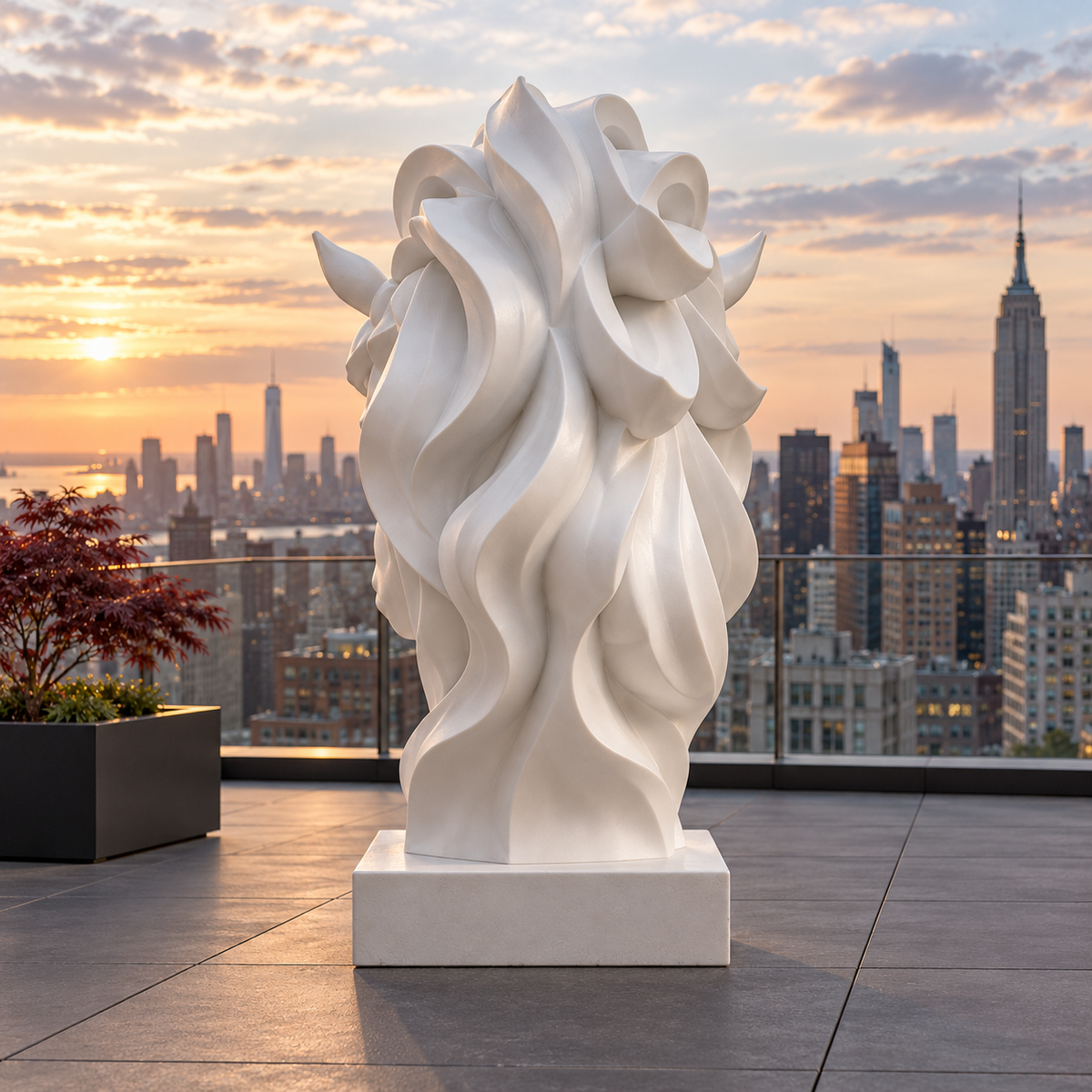 Ivory Tempest White Fiberglass Flowing Mane Horse Bust Sculpture — rooftop terrace at sunset viewed from behind.