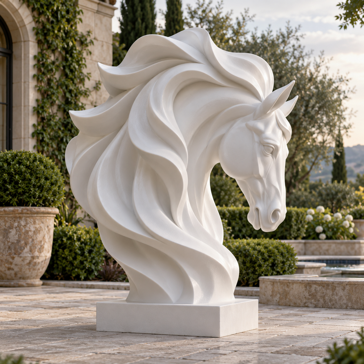 Ivory Tempest white fiberglass horse bust sculpture with flowing mane displayed in a luxury garden courtyard