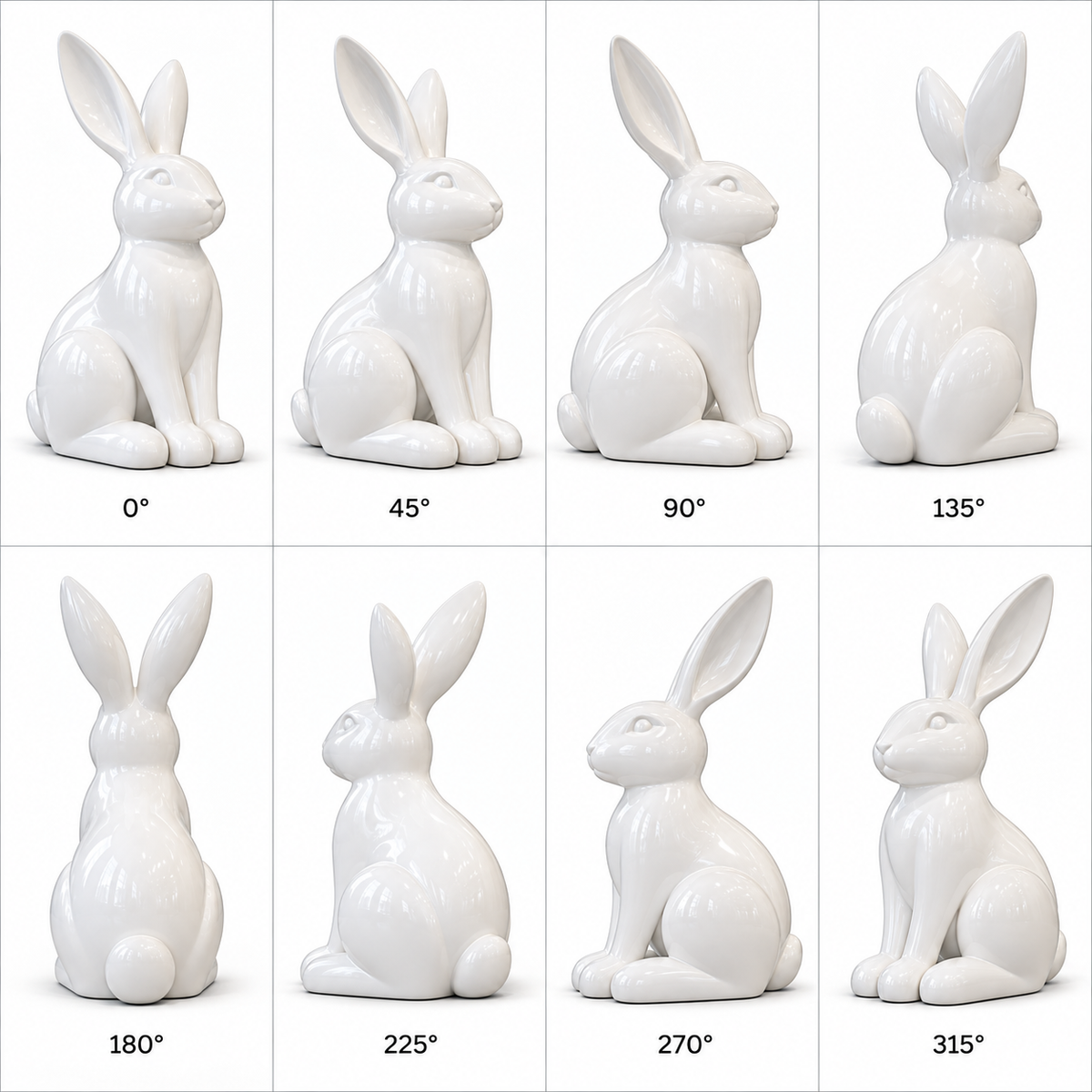 360-degree views of Ivory Whimsy glossy white fiberglass sitting rabbit sculpture