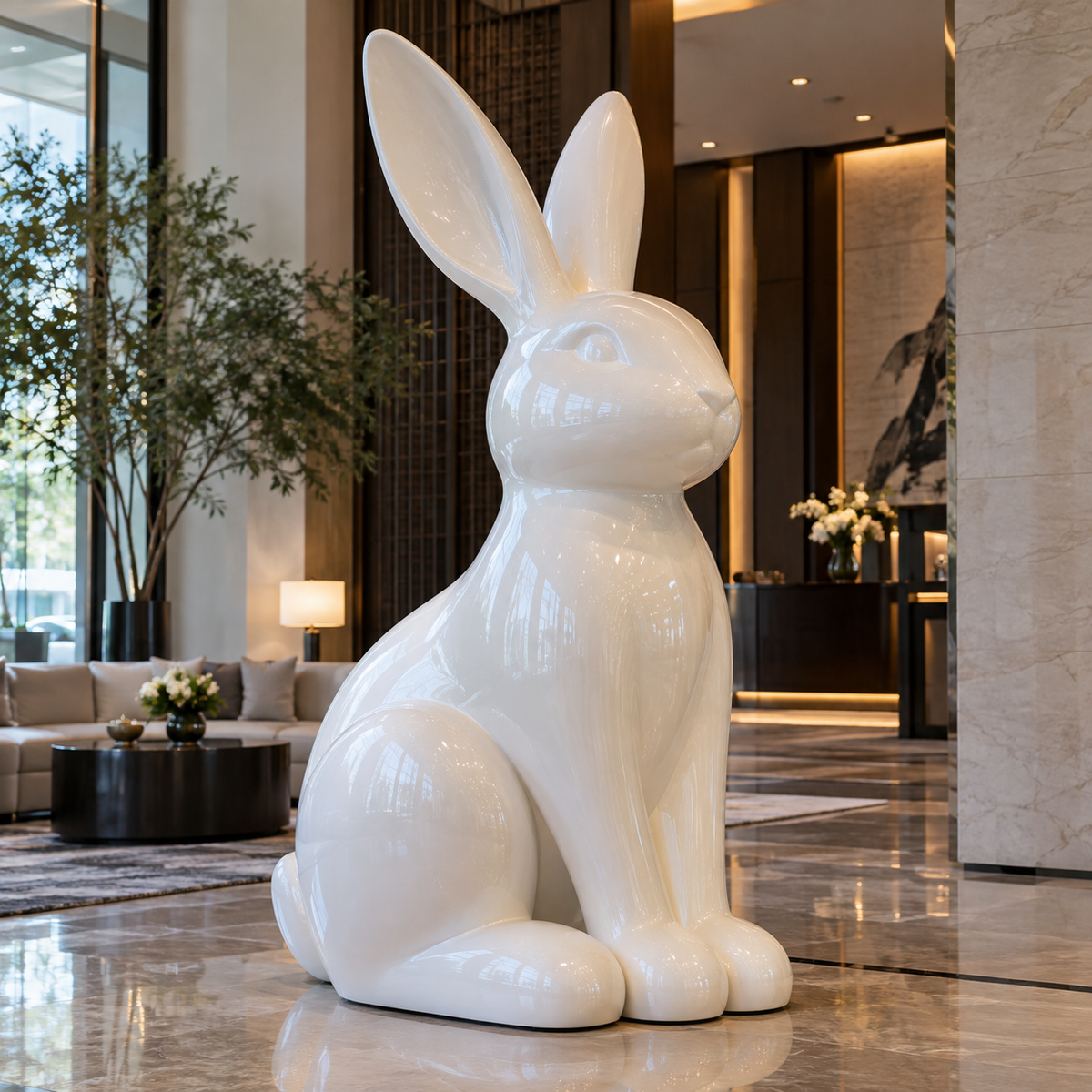Ivory Whimsy glossy white fiberglass sitting rabbit sculpture displayed in a luxury modern interior