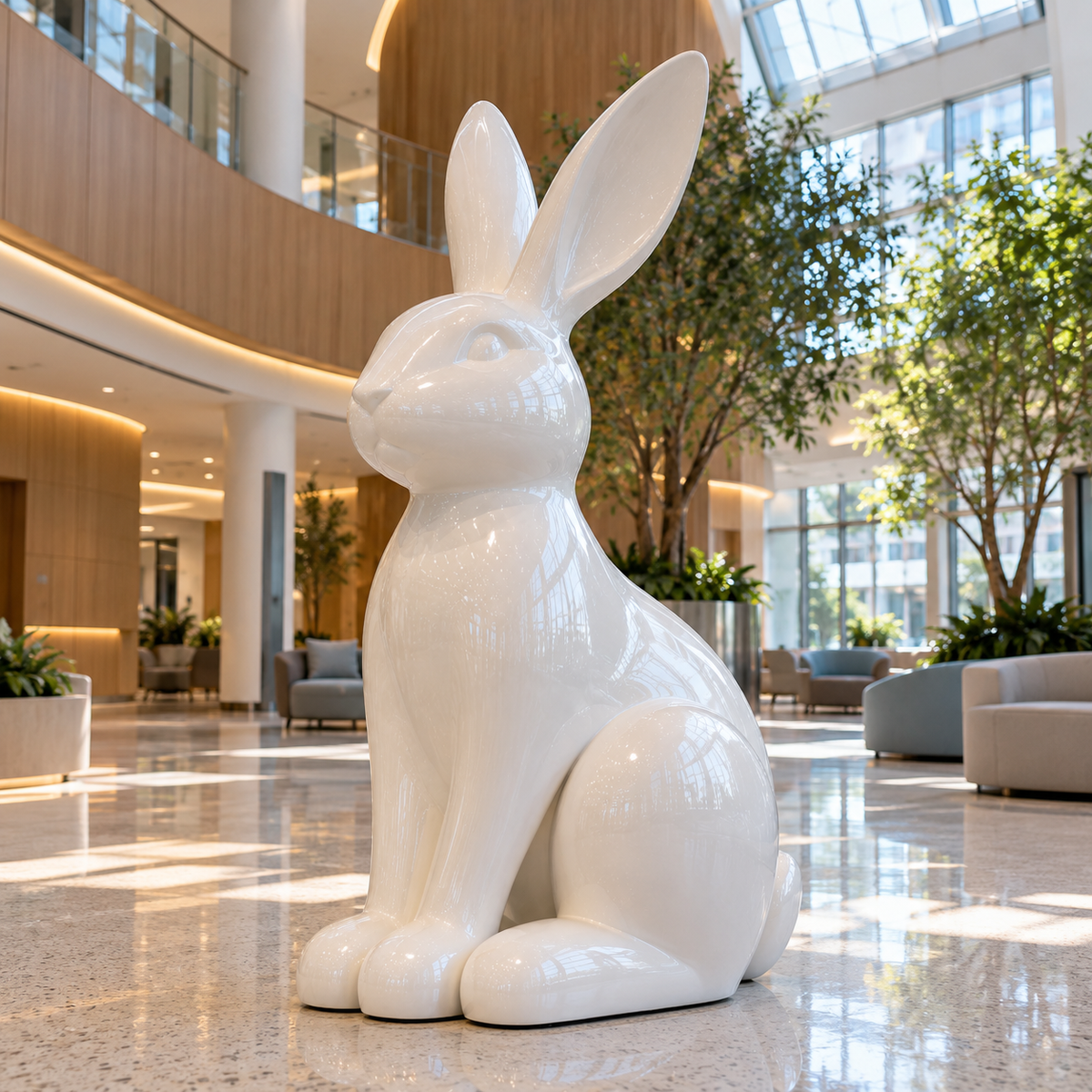 Ivory Whimsy Glossy White Fiberglass Sitting Rabbit Sculpture — bright atrium with indoor trees.
