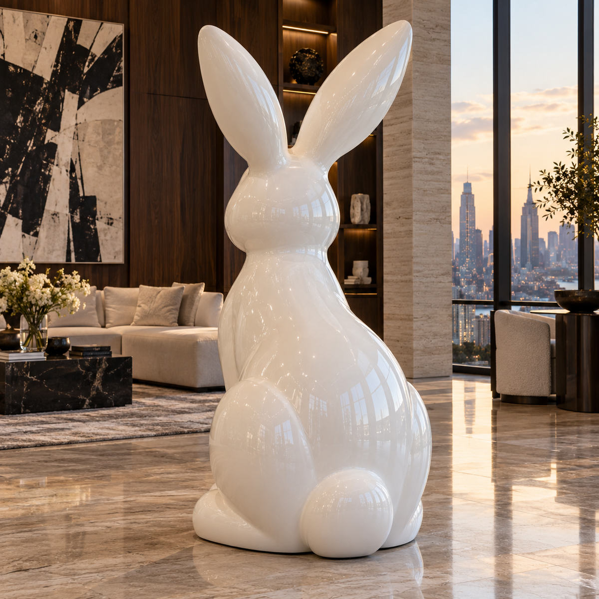 Ivory Whimsy Glossy White Fiberglass Sitting Rabbit Sculpture — city-view lounge viewed from behind.