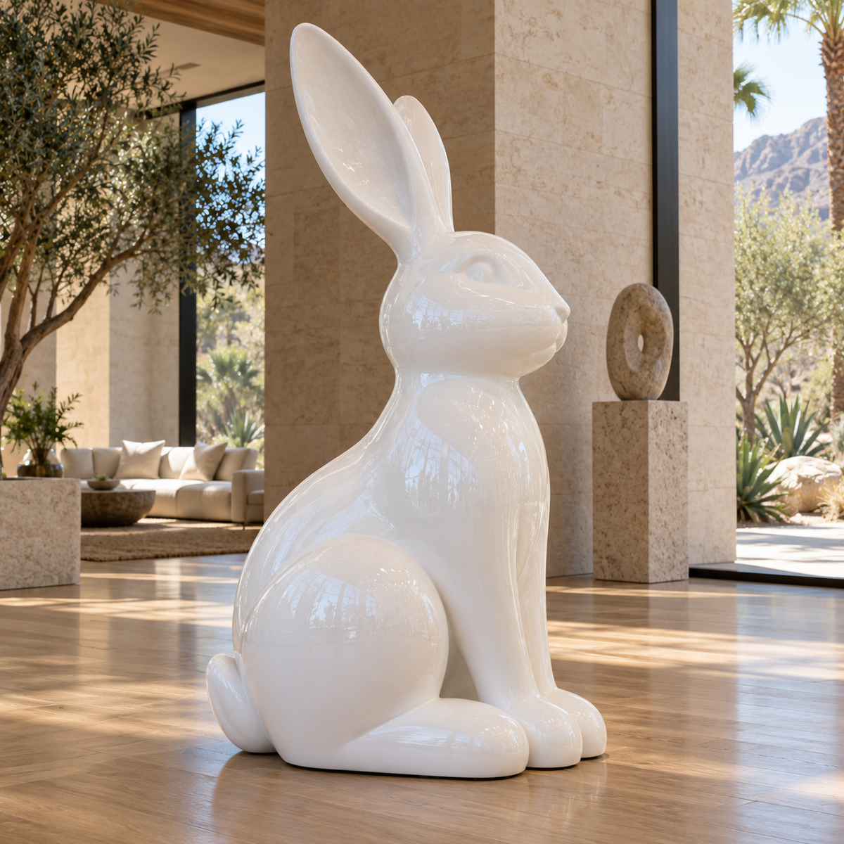 Ivory Whimsy Glossy White Fiberglass Sitting Rabbit Sculpture — sunlit desert lounge.